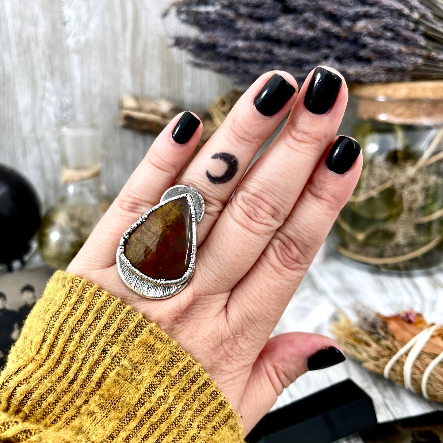 Size 7 Silver Natural Fancy Moss Agate Crystal Statement Ring / Foxlark Collection - One of a Kind.