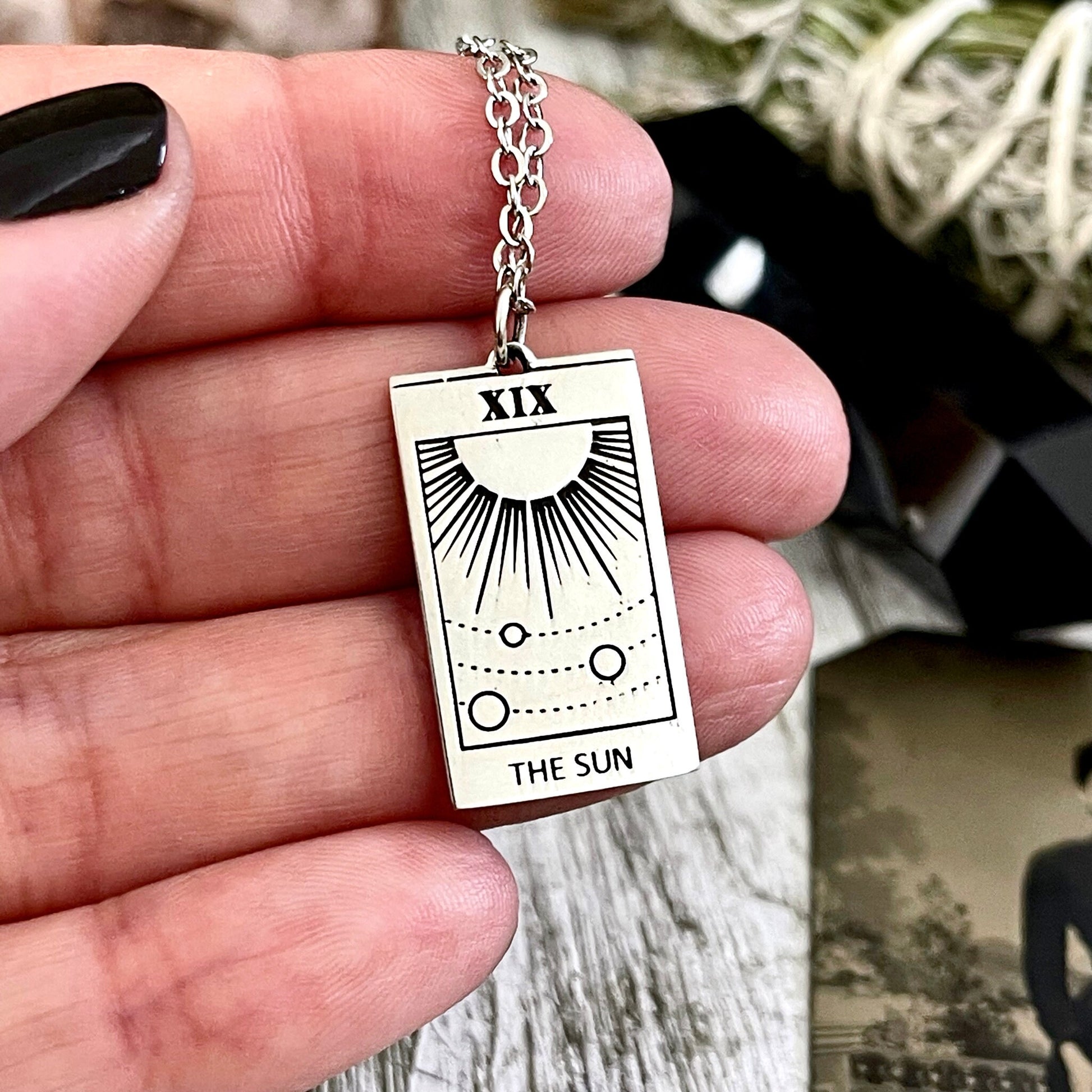 Tiny Talisman Collection - Sterling Silver The Sun Tarot Card Necklace 24x14mm  /.