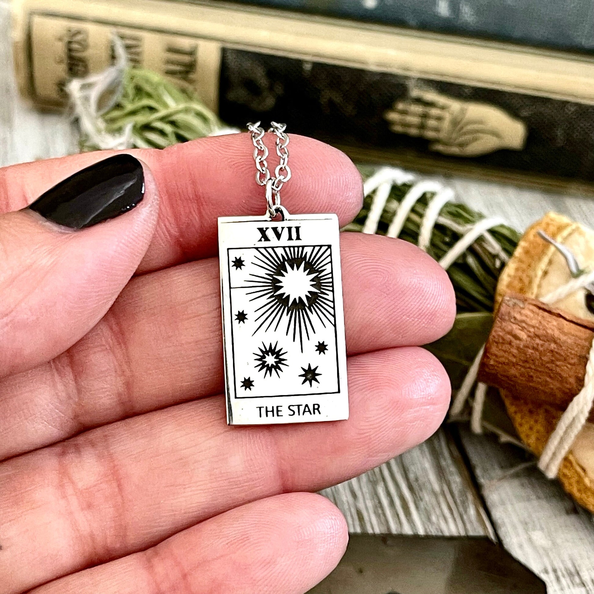 Tiny Talisman Collection - Sterling Silver The Star Tarot Card Necklace 24x14mm  /.