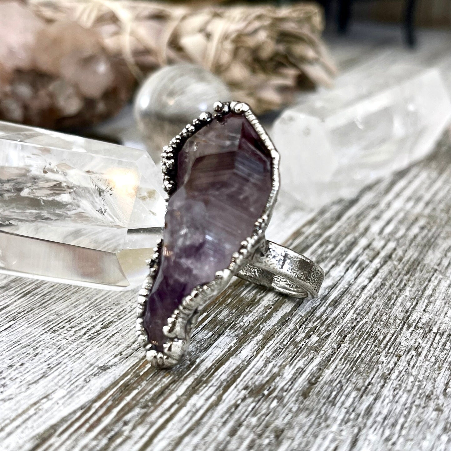 Size 7.5 Big Raw Amethyst Purple Crystal Ring in Fine Silver / Foxlark Collection - One of a Kind