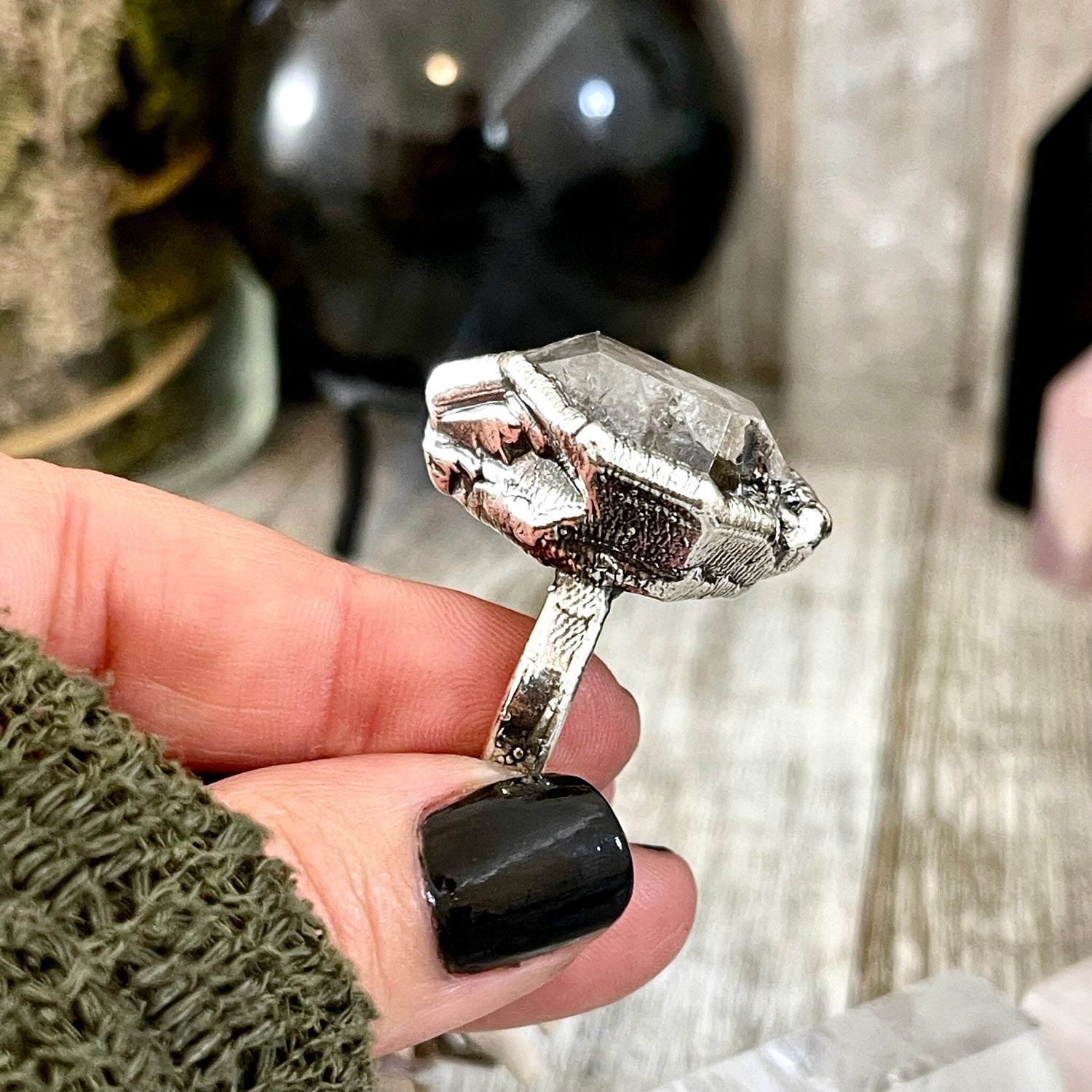 Size 7 Raw Herkimer Diamond Clear Quartz Crystal Cluster Ring Set in Fine Silver / Foxlark Collection - One of a Kind