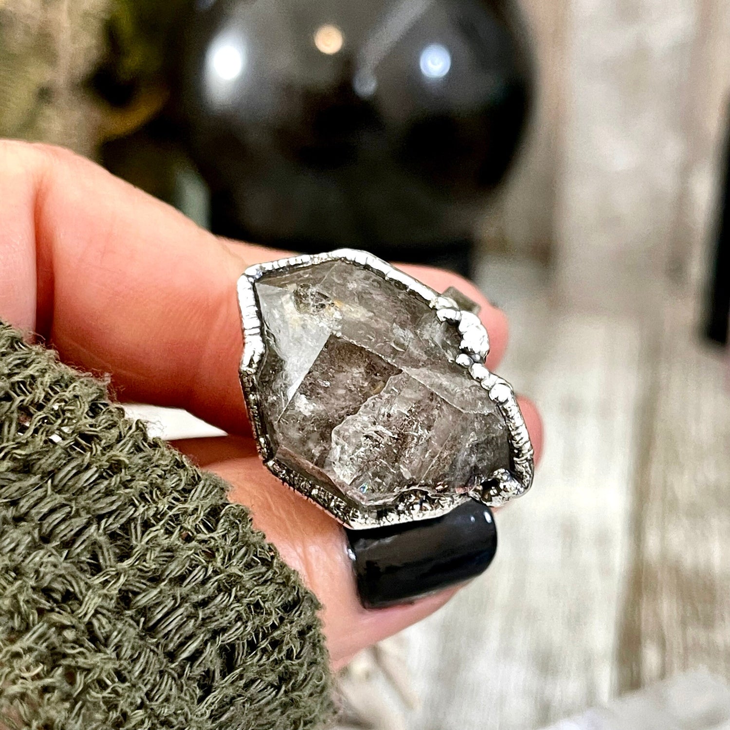 Size 7 Raw Herkimer Diamond Clear Quartz Crystal Cluster Ring Set in Fine Silver / Foxlark Collection - One of a Kind