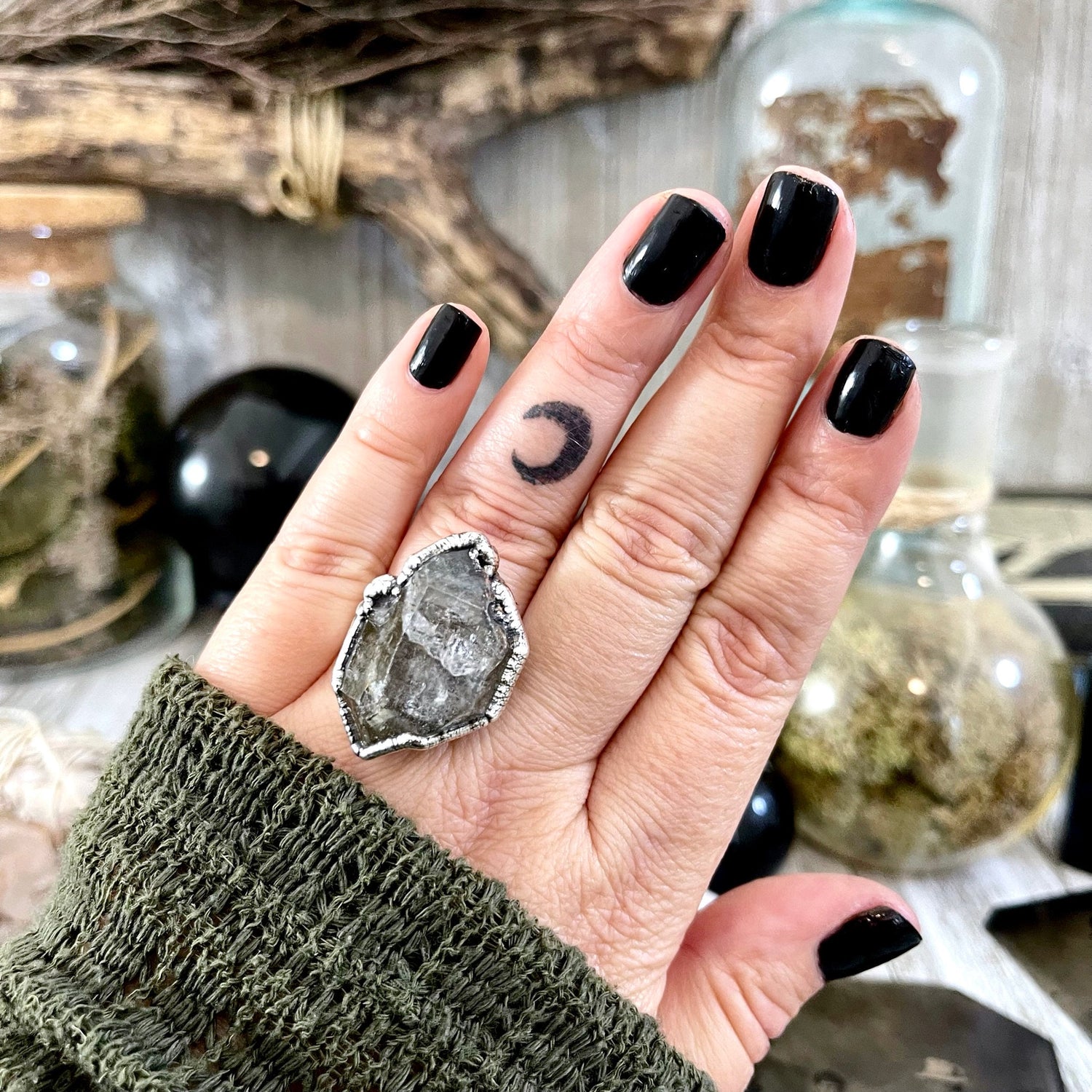 Size 7 Raw Herkimer Diamond Clear Quartz Crystal Cluster Ring Set in Fine Silver / Foxlark Collection - One of a Kind