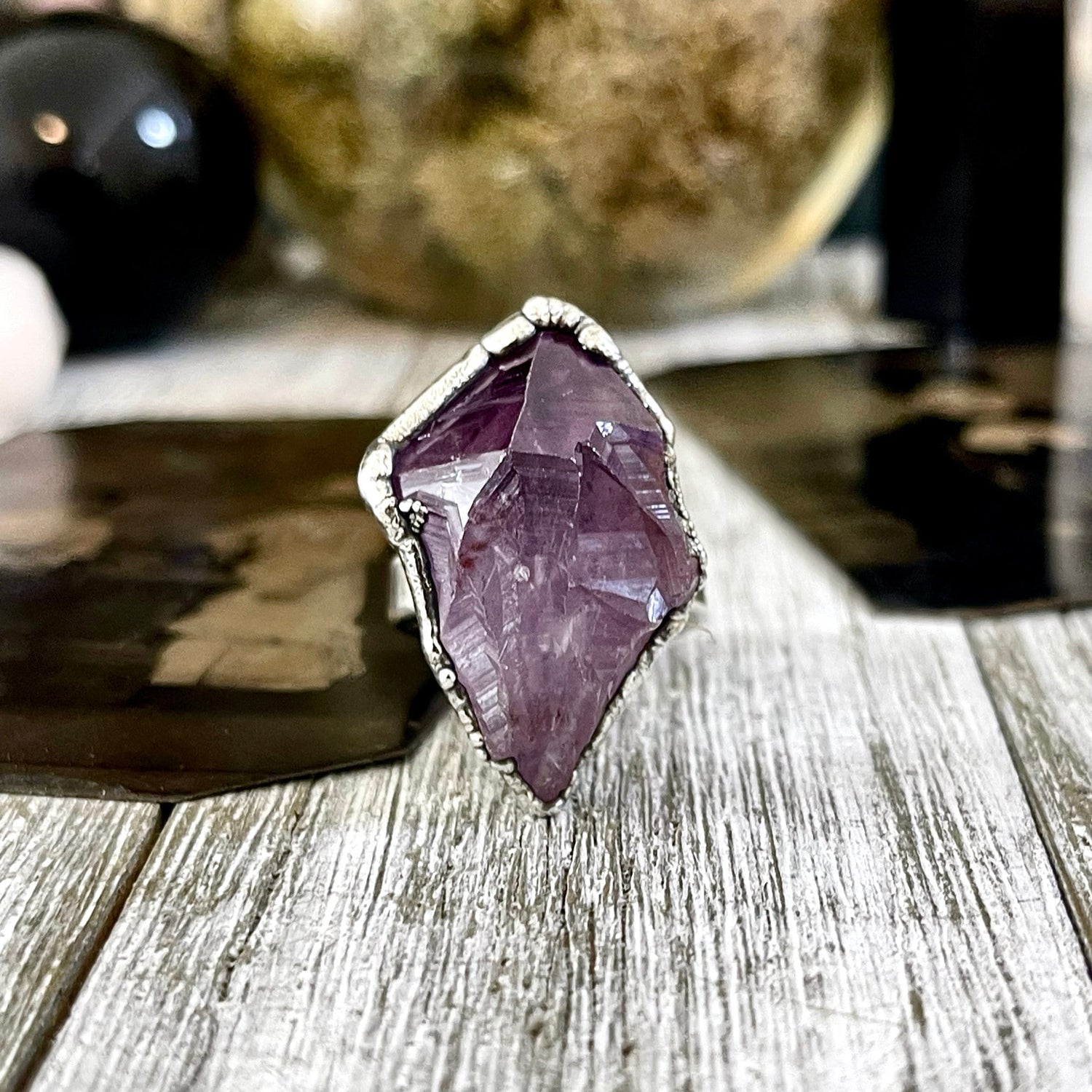 Size 6.5 Big Raw Amethyst Purple Crystal Ring in Fine Silver / Foxlark Collection - One of a Kind