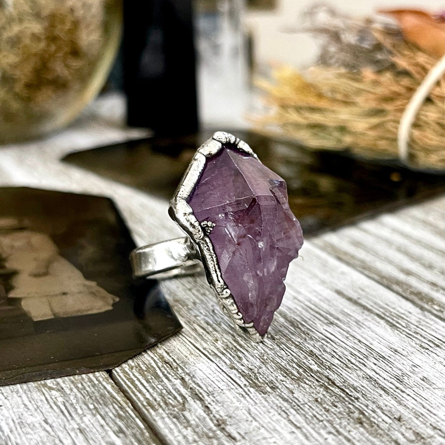 Size 6.5 Big Raw Amethyst Purple Crystal Ring in Fine Silver / Foxlark Collection - One of a Kind