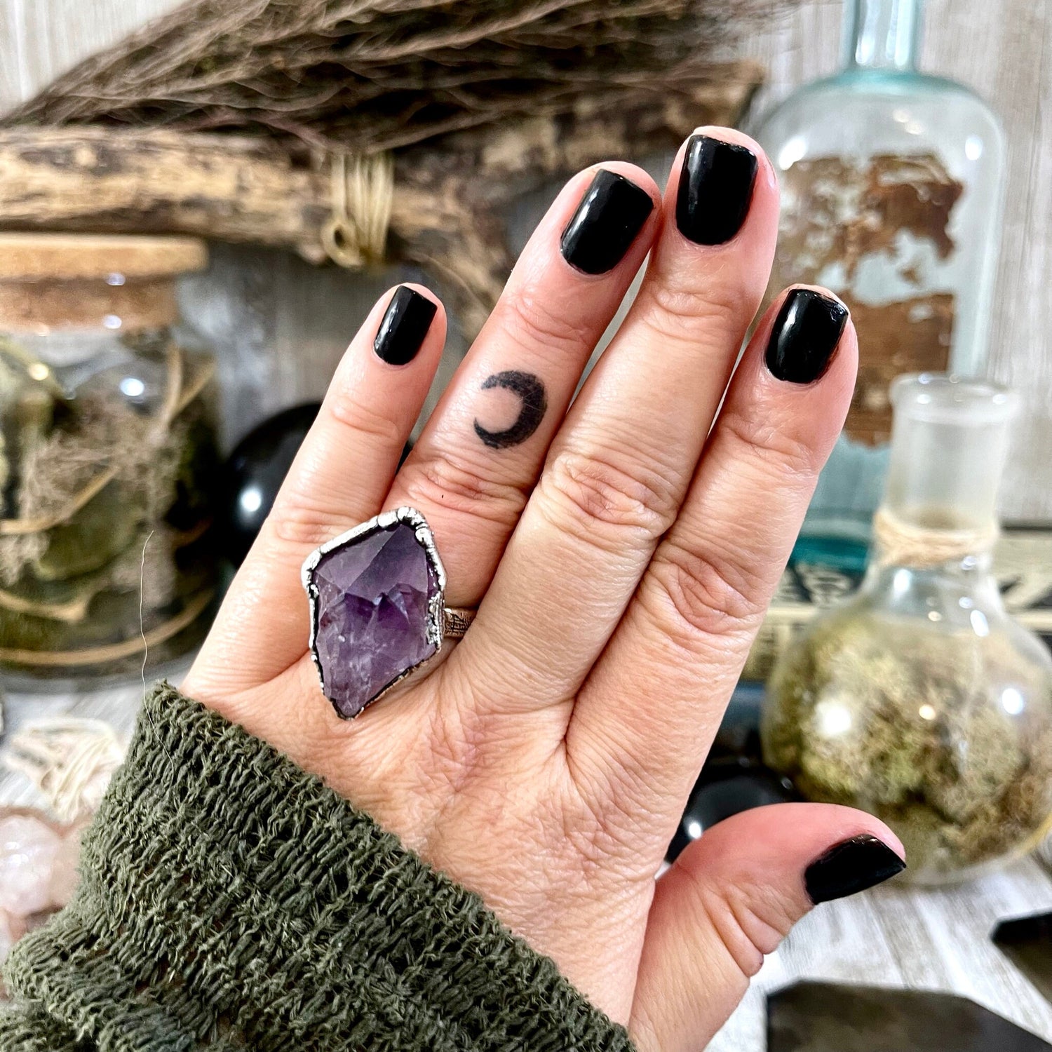 Size 6.5 Big Raw Amethyst Purple Crystal Ring in Fine Silver / Foxlark Collection - One of a Kind