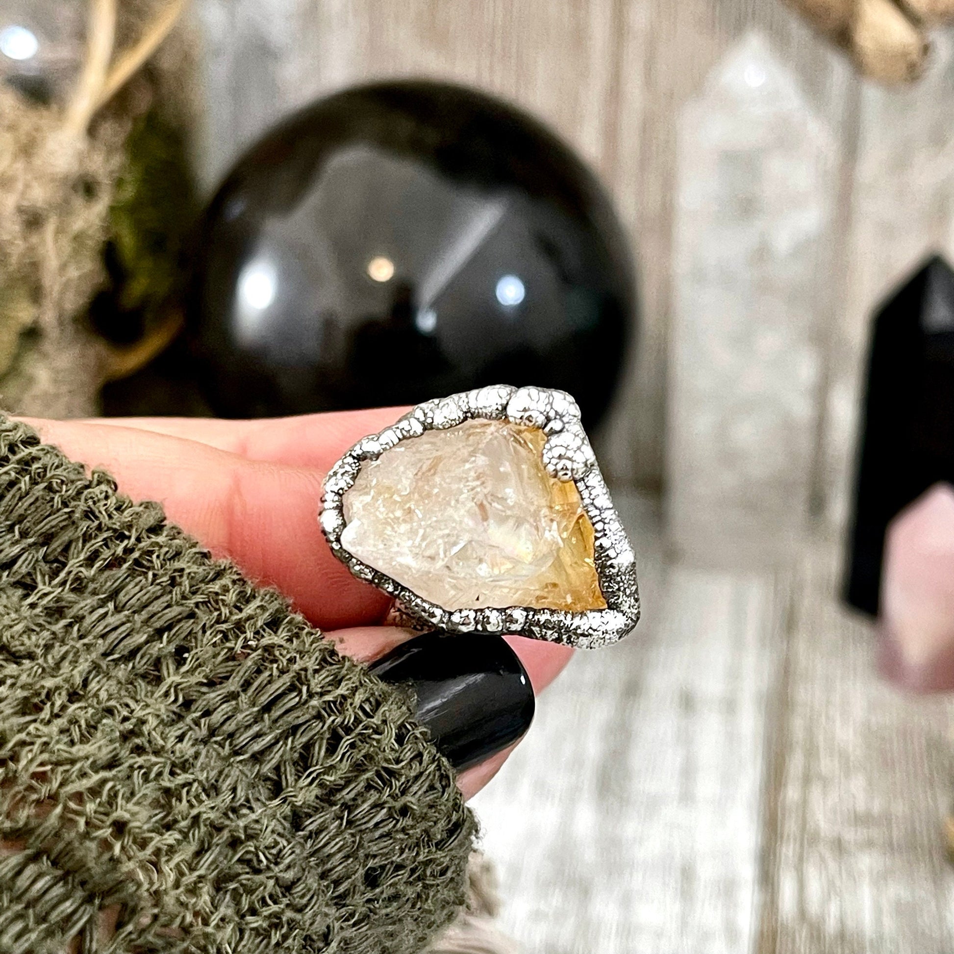 Size 5.5 Raw Citrine Crystal Point Ring Set in Fine Silver  / Foxlark Collection - One of a Kind.