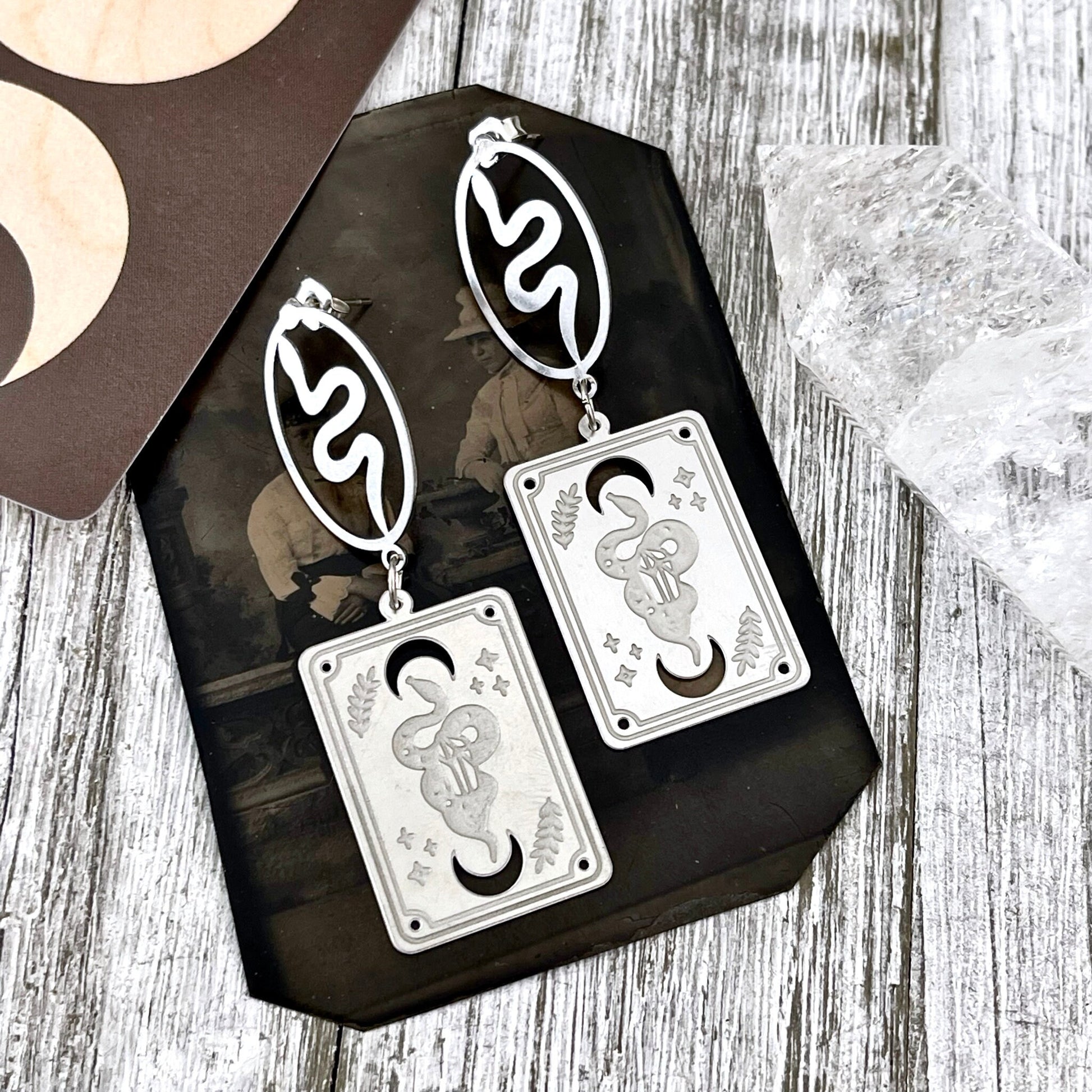 Snake and Tarot Card Stainless Steel Earrings /  Serpent Earrings  - Long Dangly Geometric Earrings.