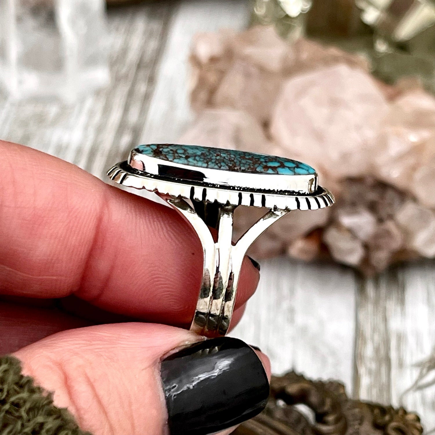 Size 9 Tibetan Turquoise Statement Ring Set in Sterling Silver  / Curated by FOXLARK Collection