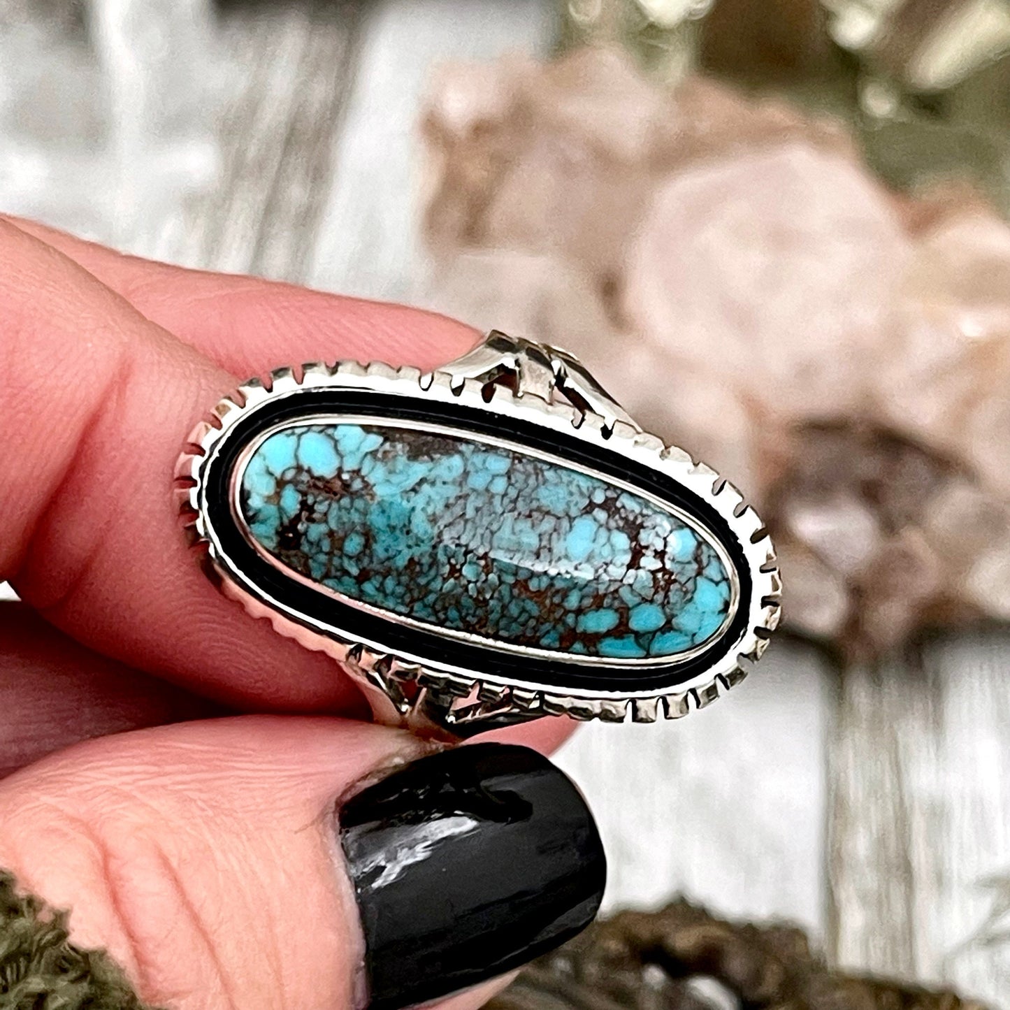 Size 8 Tibetan Turquoise Statement Ring Set in Sterling Silver  / Curated by FOXLARK Collection