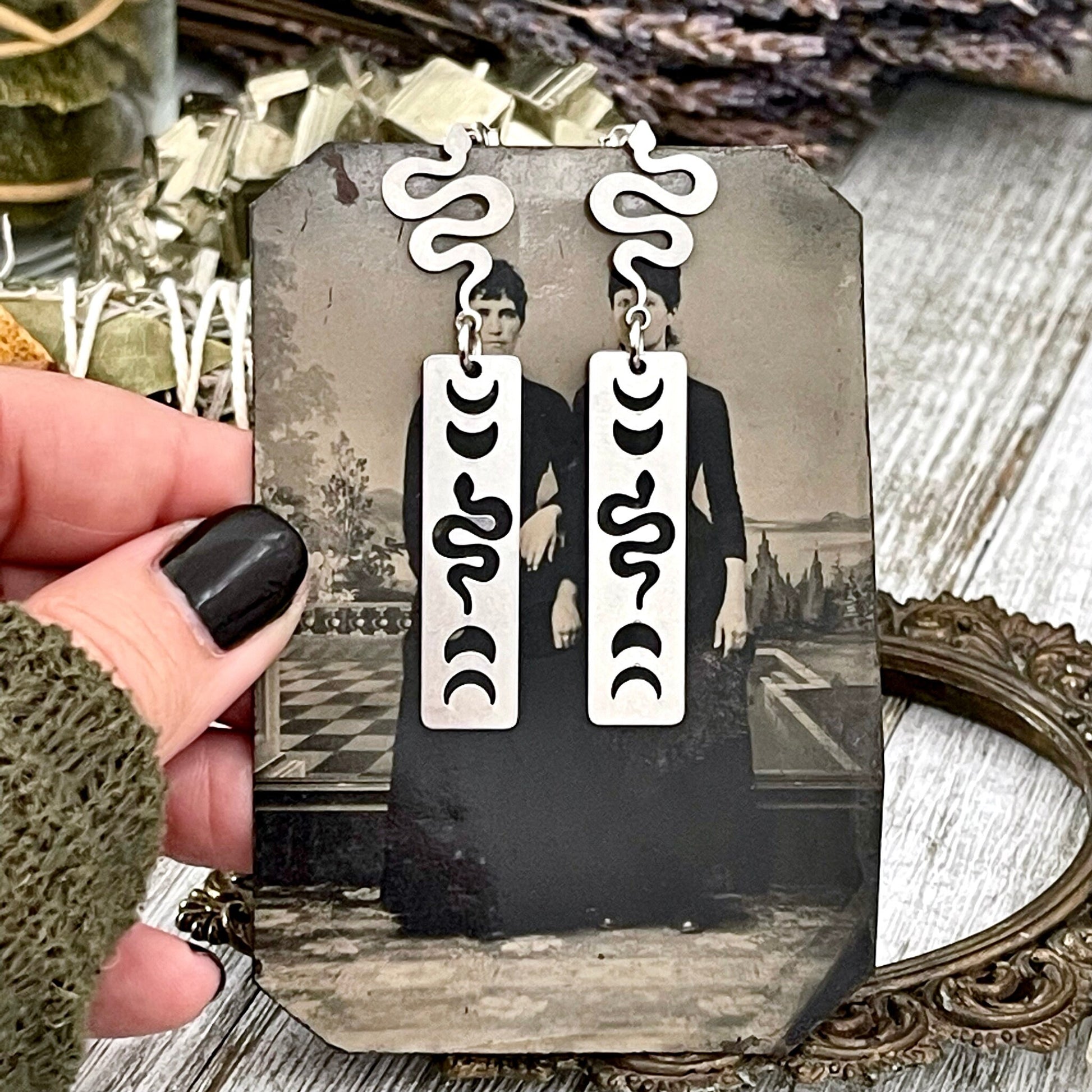 Alternative Style, Big Earrings, bohemian earrings, Boho Earrings, Crescent moon, Dangle & Drop Earrings, Dangly Earrings, Earrings, Etsy ID: 1512947615, Geometric Earrings, Goth Earrings, Jewelry, Long Earrings, Punk Rock And Roll, Silver Earrings, Snake