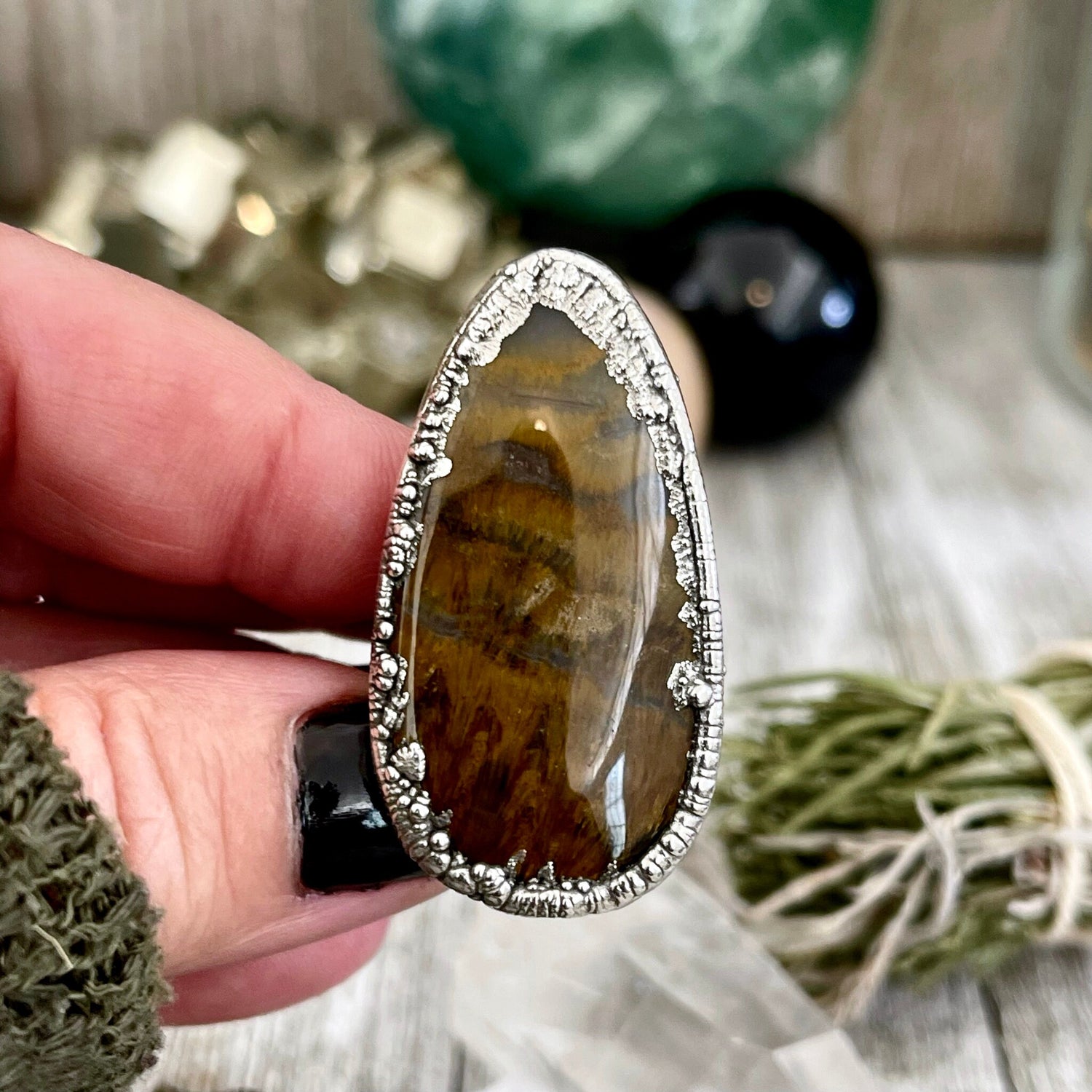 Size 7 Lion Skin Quartz Large Crystal Statement Ring in Fine Silver / Foxlark Collection - One of a Kind / Big Crystal Ring Witchy Jewelry
