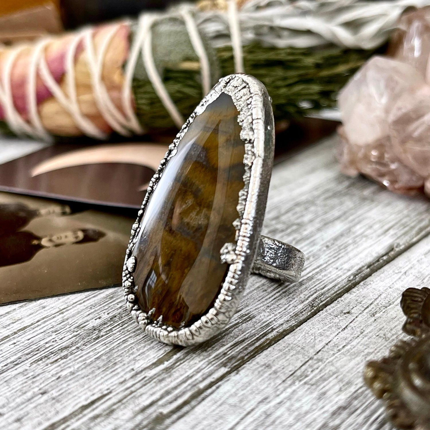 Size 7 Lion Skin Quartz Large Crystal Statement Ring in Fine Silver / Foxlark Collection - One of a Kind / Big Crystal Ring Witchy Jewelry