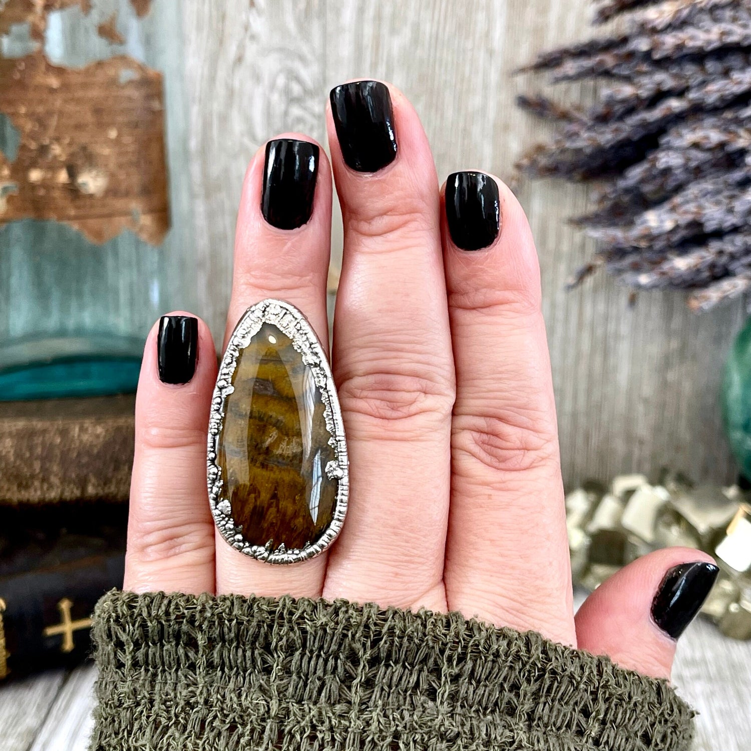 Size 7 Lion Skin Quartz Large Crystal Statement Ring in Fine Silver / Foxlark Collection - One of a Kind / Big Crystal Ring Witchy Jewelry
