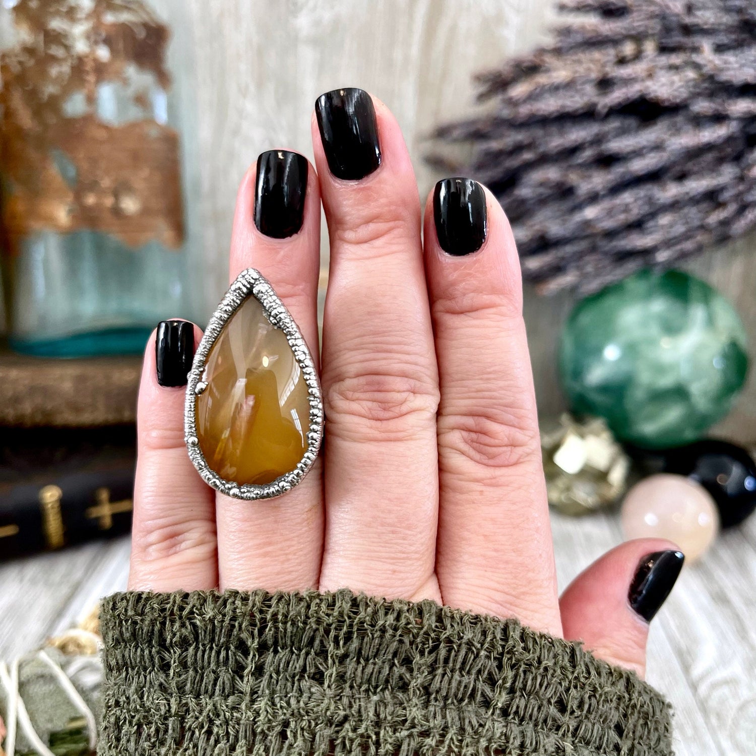 Size 6 Tube Agate Statement Ring Set in Fine Silver / Foxlark Collection - One of a Kind / Big Crystal Ring Witchy Jewelry / Gothic Jewelry