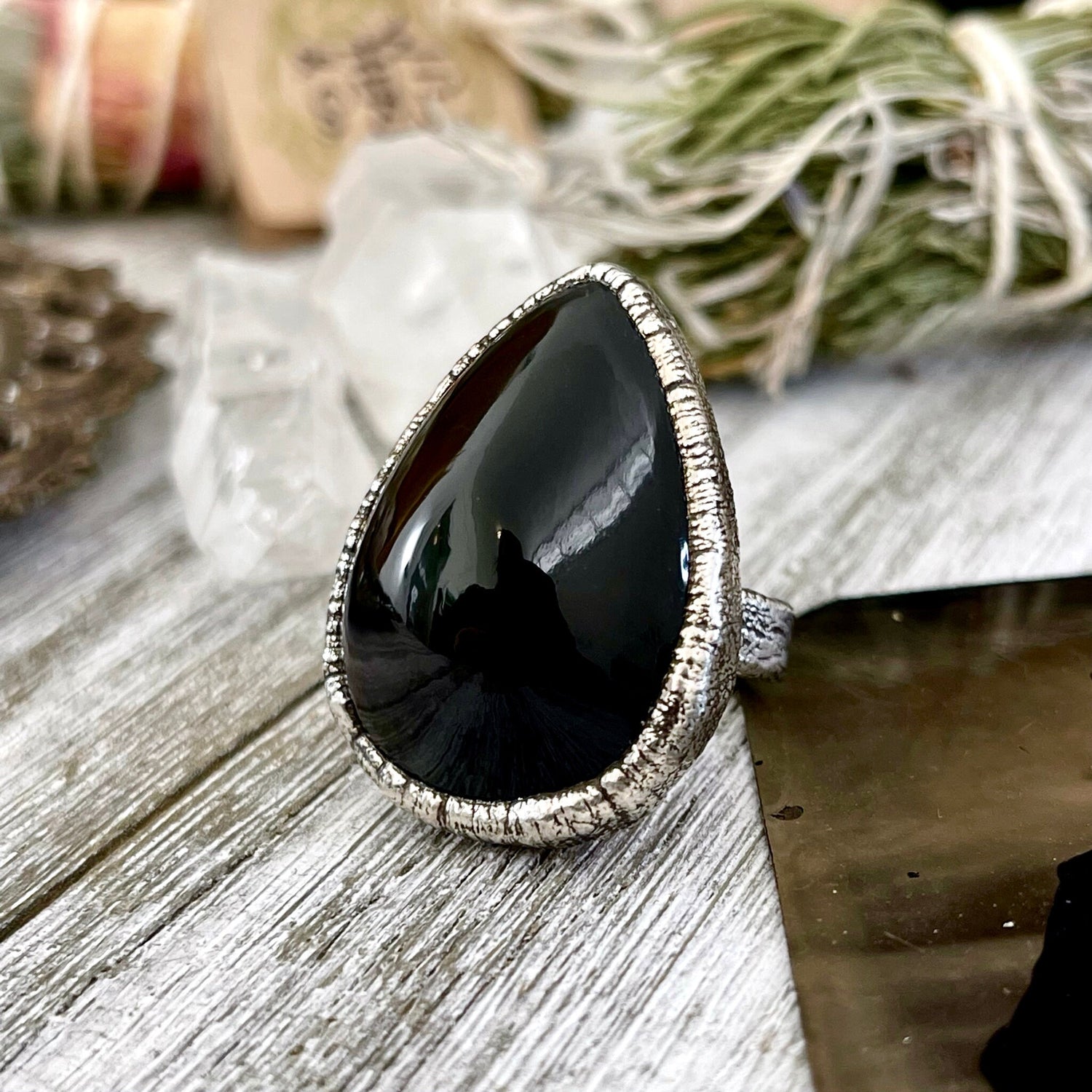 Size 6.5 Natural Black Obsidian Crystal Ring in Fine Silver / Foxlark Collection - One of a Kind // Big Stone Jewelry / Witchy Goth Punk
