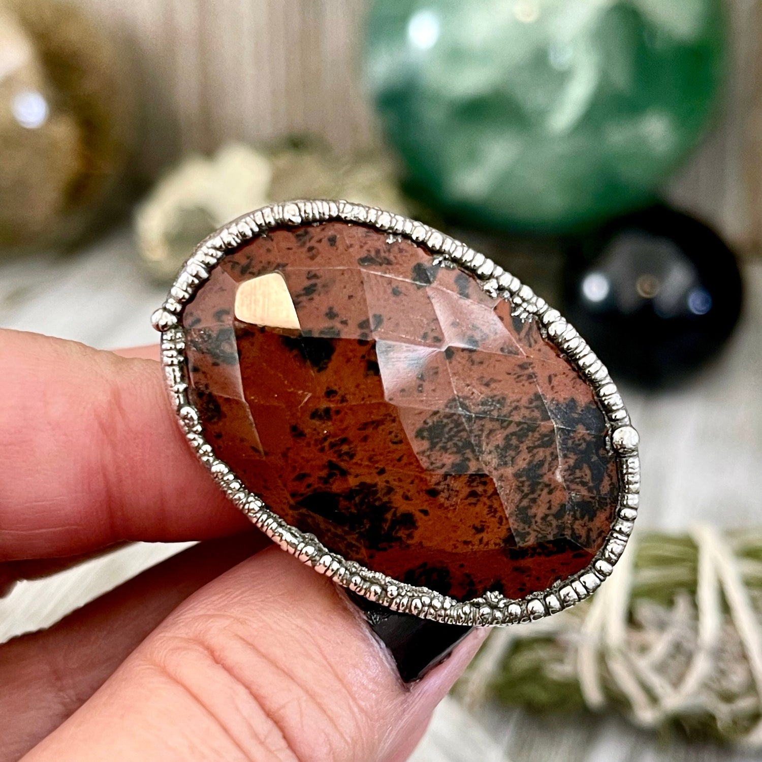 Size 7.5 Big Mahogany Obsidian Statement Ring in Fine Silver / Foxlark Collection - One of a Kind
