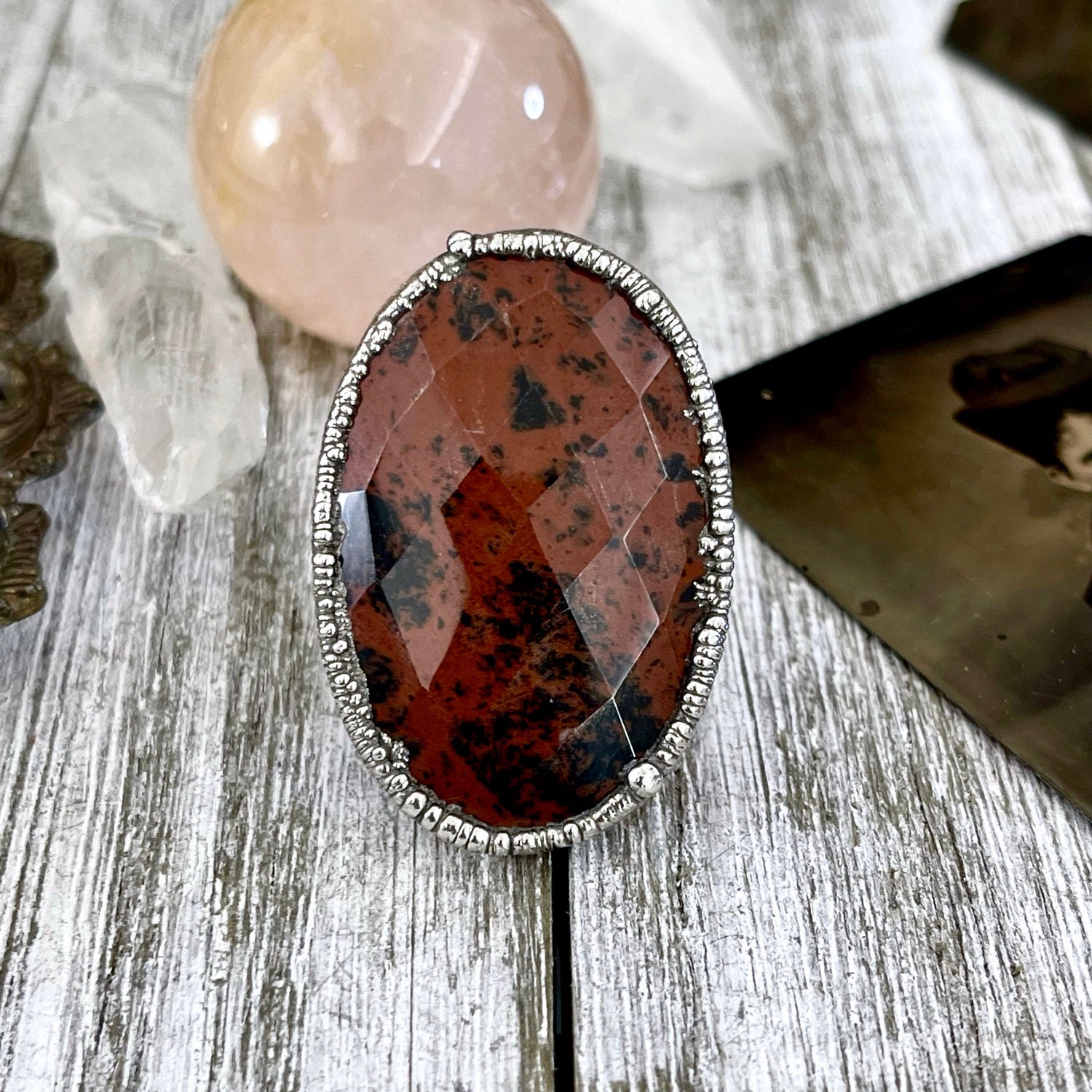 Size 7.5 Big Mahogany Obsidian Statement Ring in Fine Silver / Foxlark Collection - One of a Kind