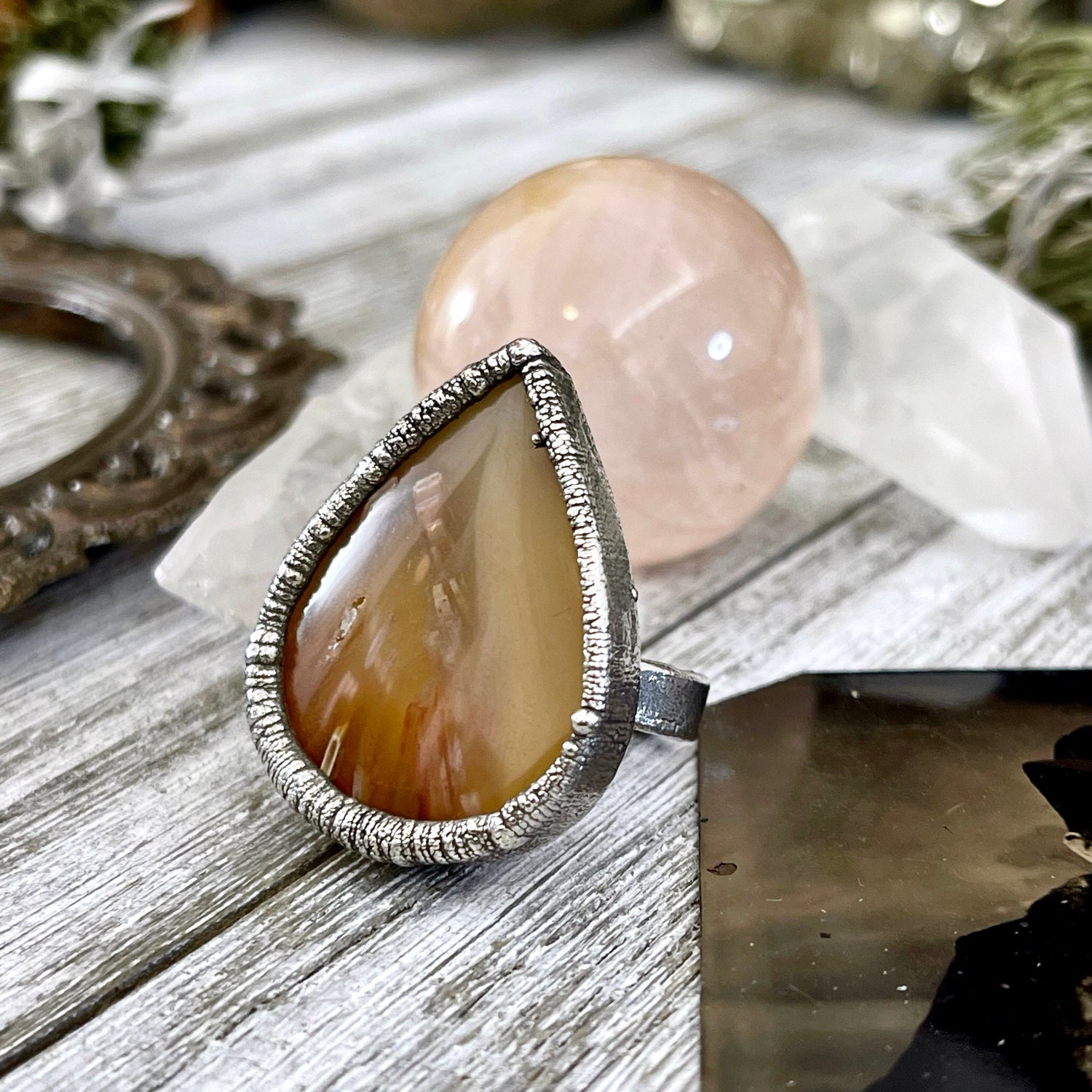 Size 6 Tube Agate Statement Ring Set in Fine Silver / Foxlark Collection - One of a Kind / Big Crystal Ring Witchy Jewelry / Gothic Jewelry
