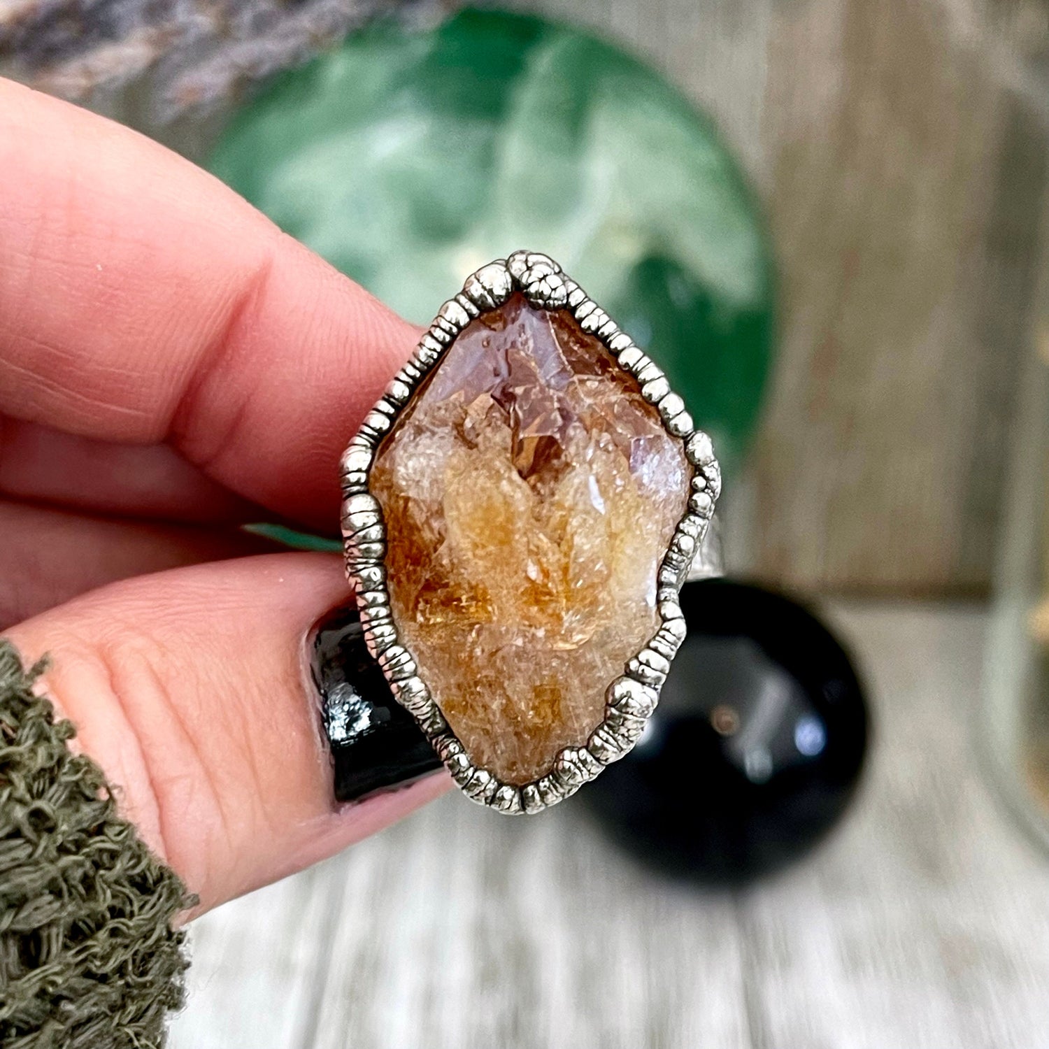Size 8.5 Raw Citrine Crystal Point Ring Set in Fine Silver / Foxlark Collection - One of a Kind / Big Crystal Ring Witchy Jewelry