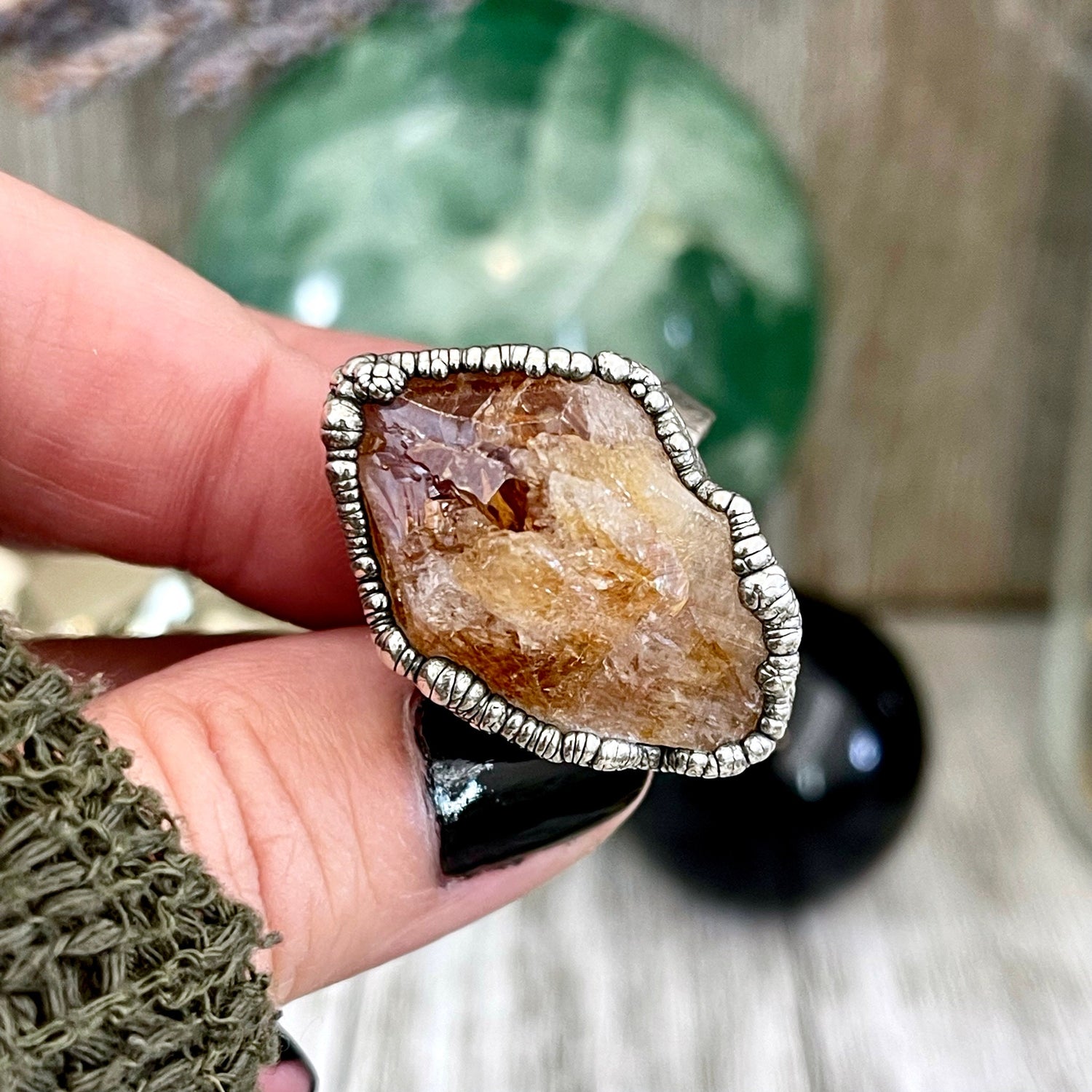 Size 8.5 Raw Citrine Crystal Point Ring Set in Fine Silver / Foxlark Collection - One of a Kind / Big Crystal Ring Witchy Jewelry