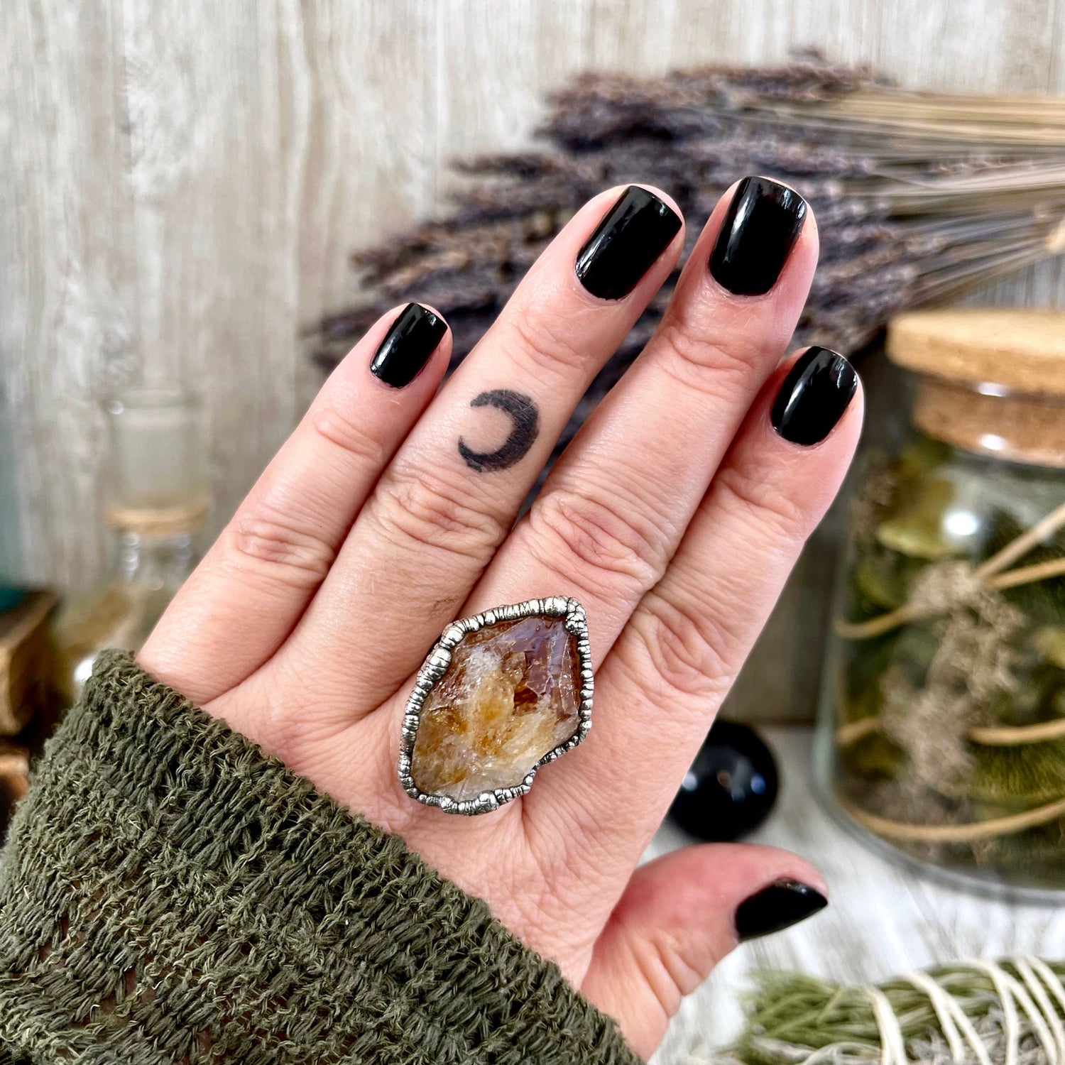 Size 8.5 Raw Citrine Crystal Point Ring Set in Fine Silver / Foxlark Collection - One of a Kind / Big Crystal Ring Witchy Jewelry