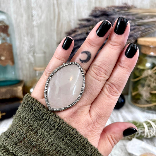 Size 7.5 Big Pink Rose Quartz Crystal Ring in Fine Silver - Pink Stone Jewelry / Foxlark Collection - One of a Kind // Boho Statement Ring