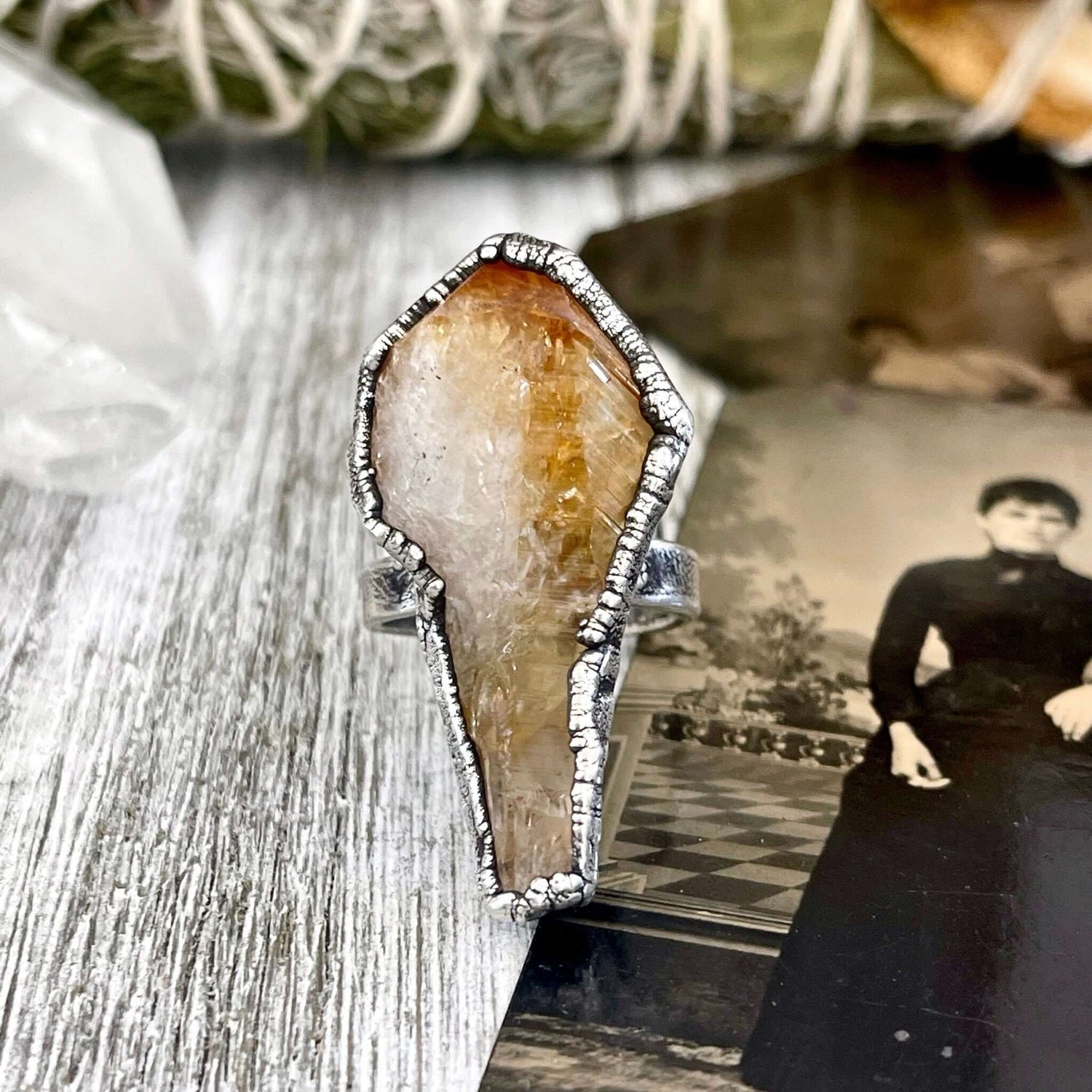 8 Raw Citrine Crystal Point Ring Set in Fine Silver / Foxlark Collection - One of a Kind / Big Crystal Ring Witchy Jewelry