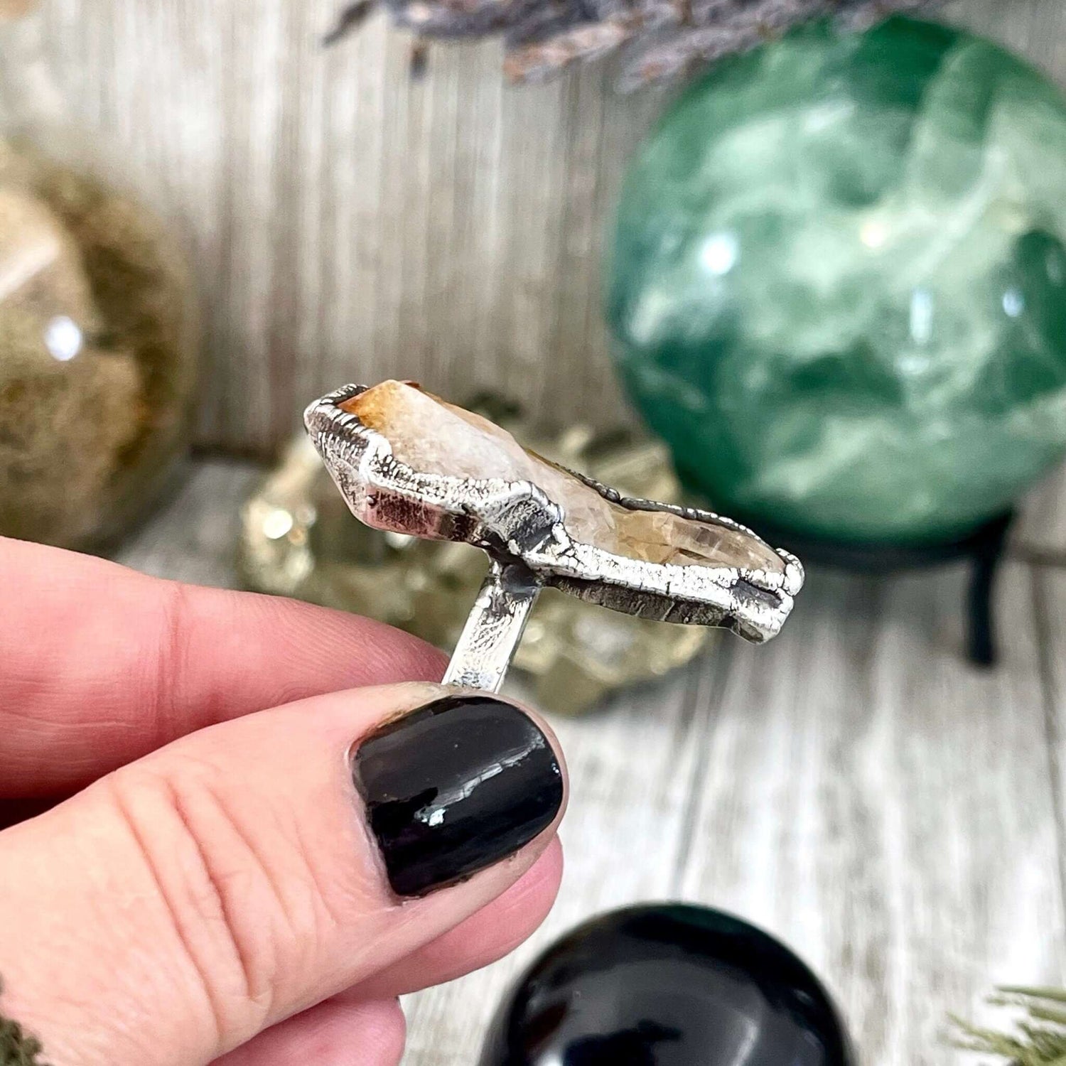 8 Raw Citrine Crystal Point Ring Set in Fine Silver / Foxlark Collection - One of a Kind / Big Crystal Ring Witchy Jewelry