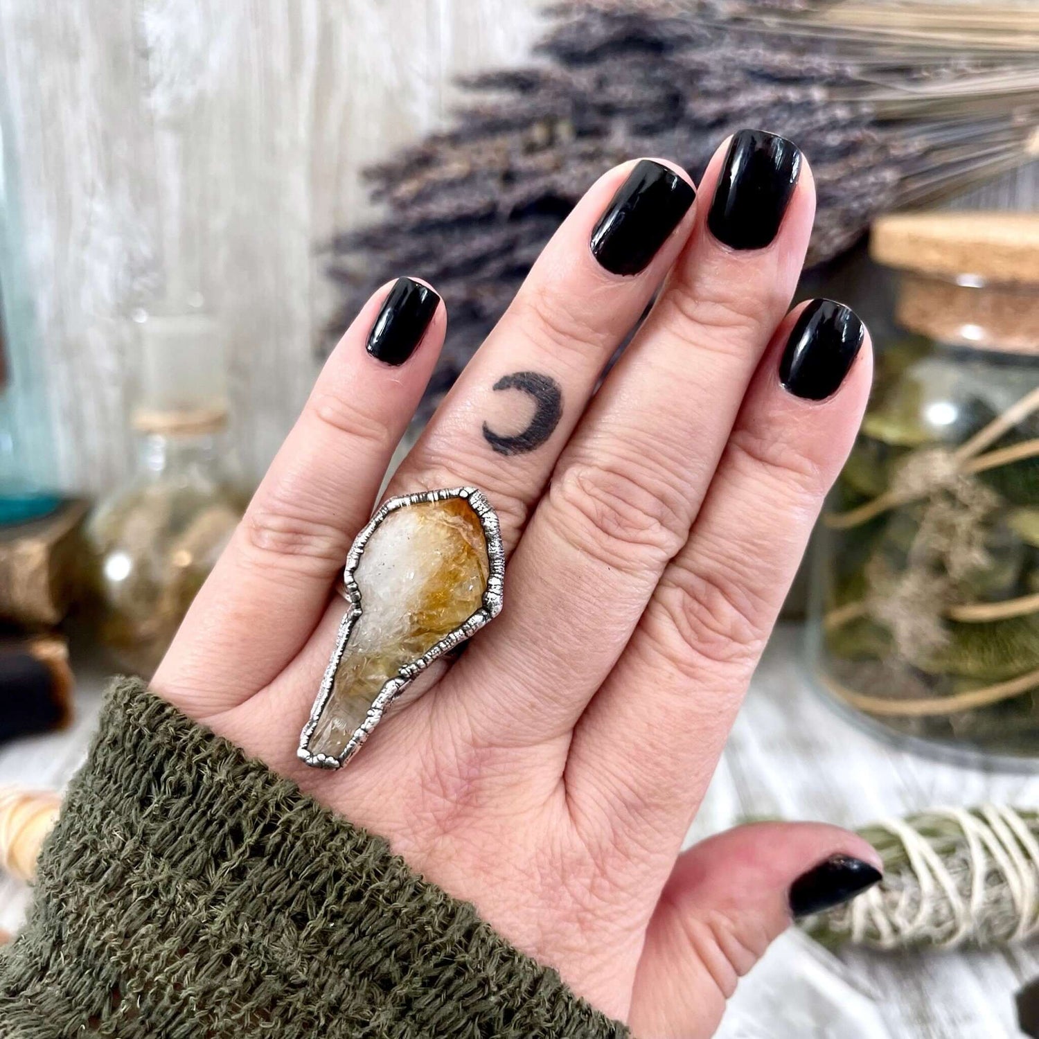 8 Raw Citrine Crystal Point Ring Set in Fine Silver / Foxlark Collection - One of a Kind / Big Crystal Ring Witchy Jewelry
