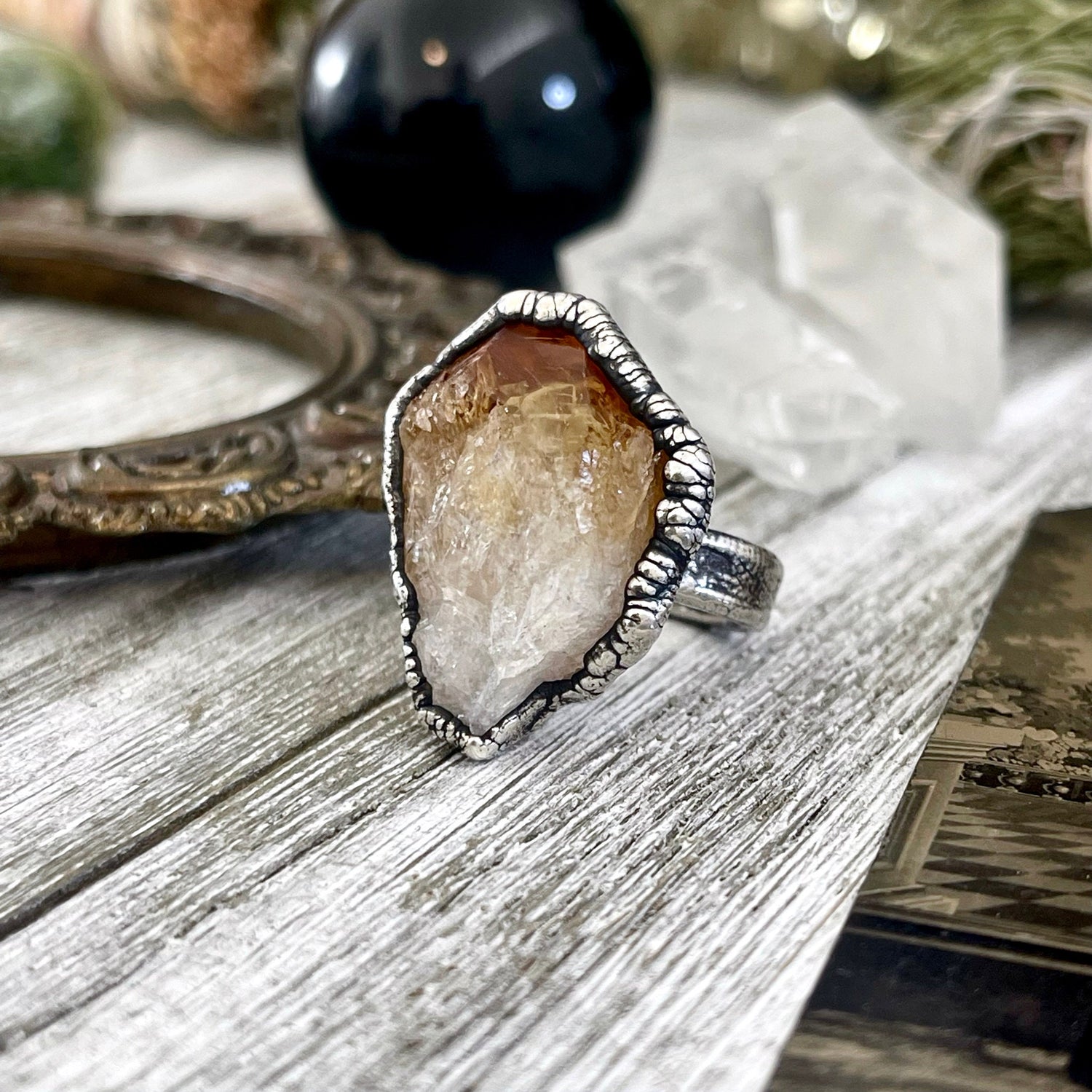 Size 7 Raw Citrine Crystal Point Ring Set in Fine Silver / Foxlark Collection - One of a Kind / Big Crystal Ring Witchy Jewelry