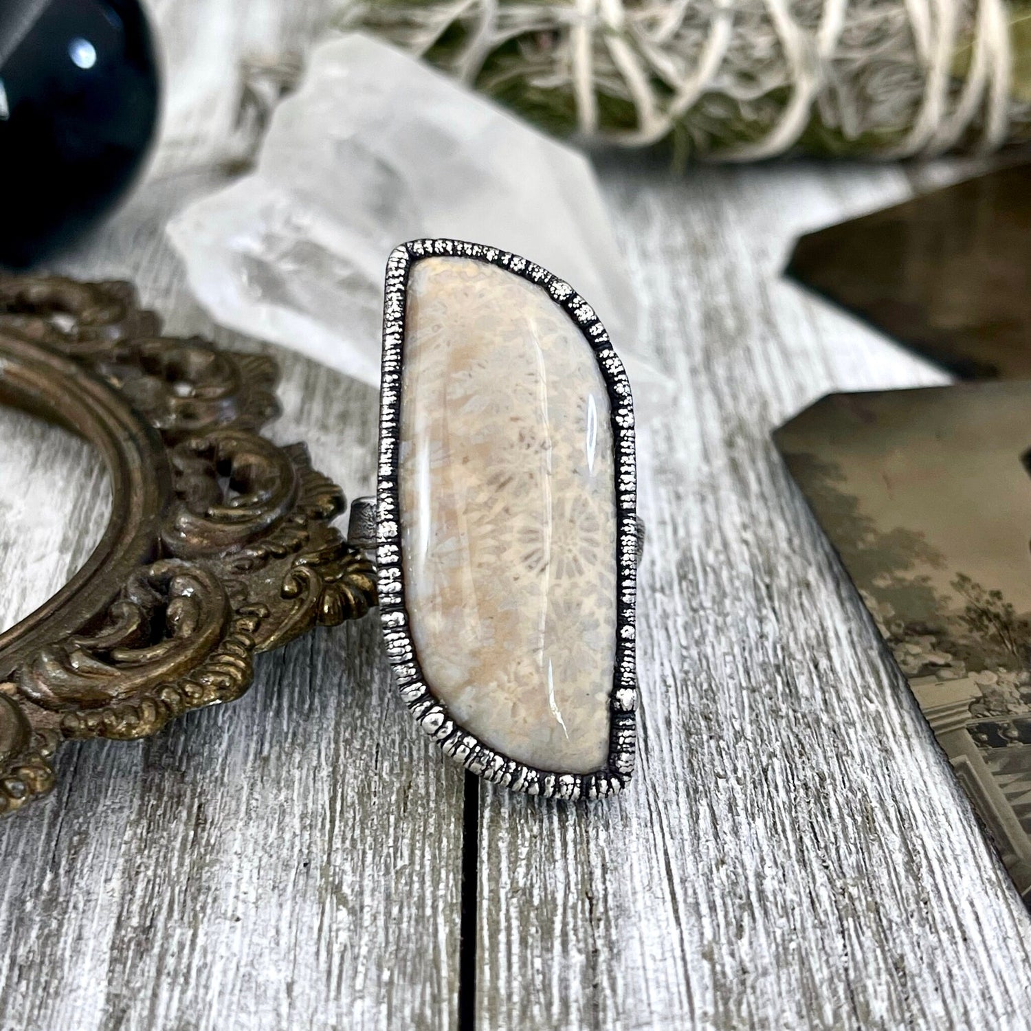 Size 10 Fossilized Coral Silver Statement Ring in Fine Silver / Foxlark Collection - One of a Kind / Big Crystal Ring Witchy Jewelry