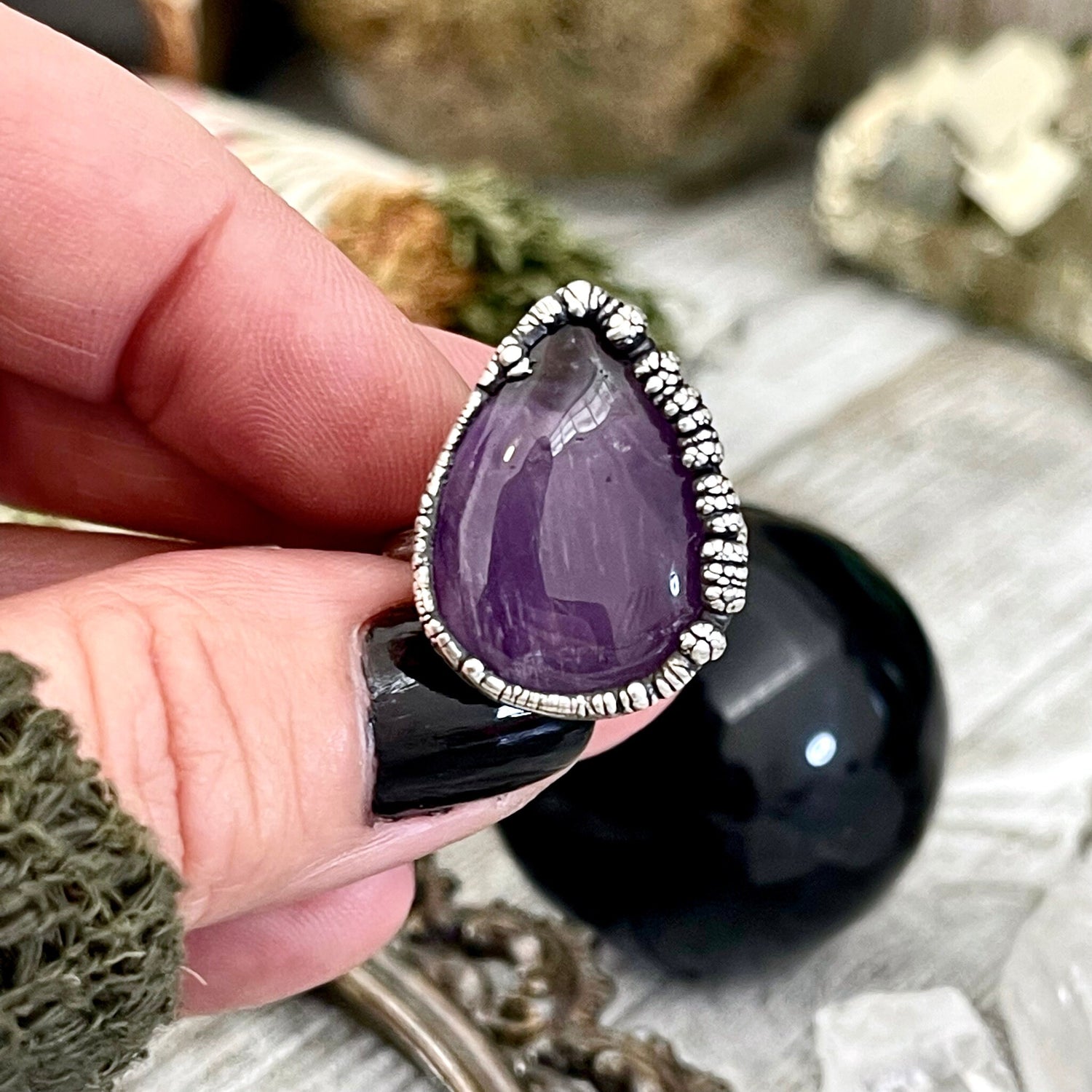 Size 7 Purple Amethyst Teardrop Gemstone Crystal Ring Set in Fine Silver / Foxlark Collection - One of a Kind / Gothic Jewelry