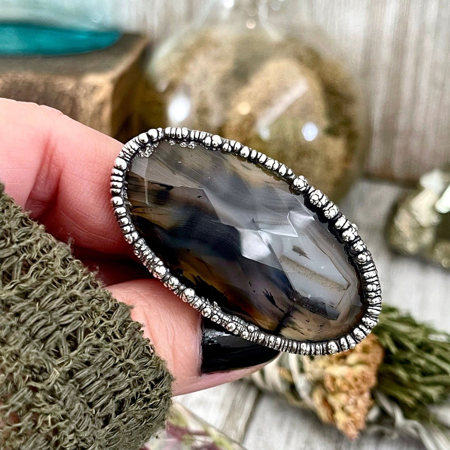 Size 8 Silver Montana Moss Agate Statement Ring / Large Crystal Bohemian Dendritic Agate Ring