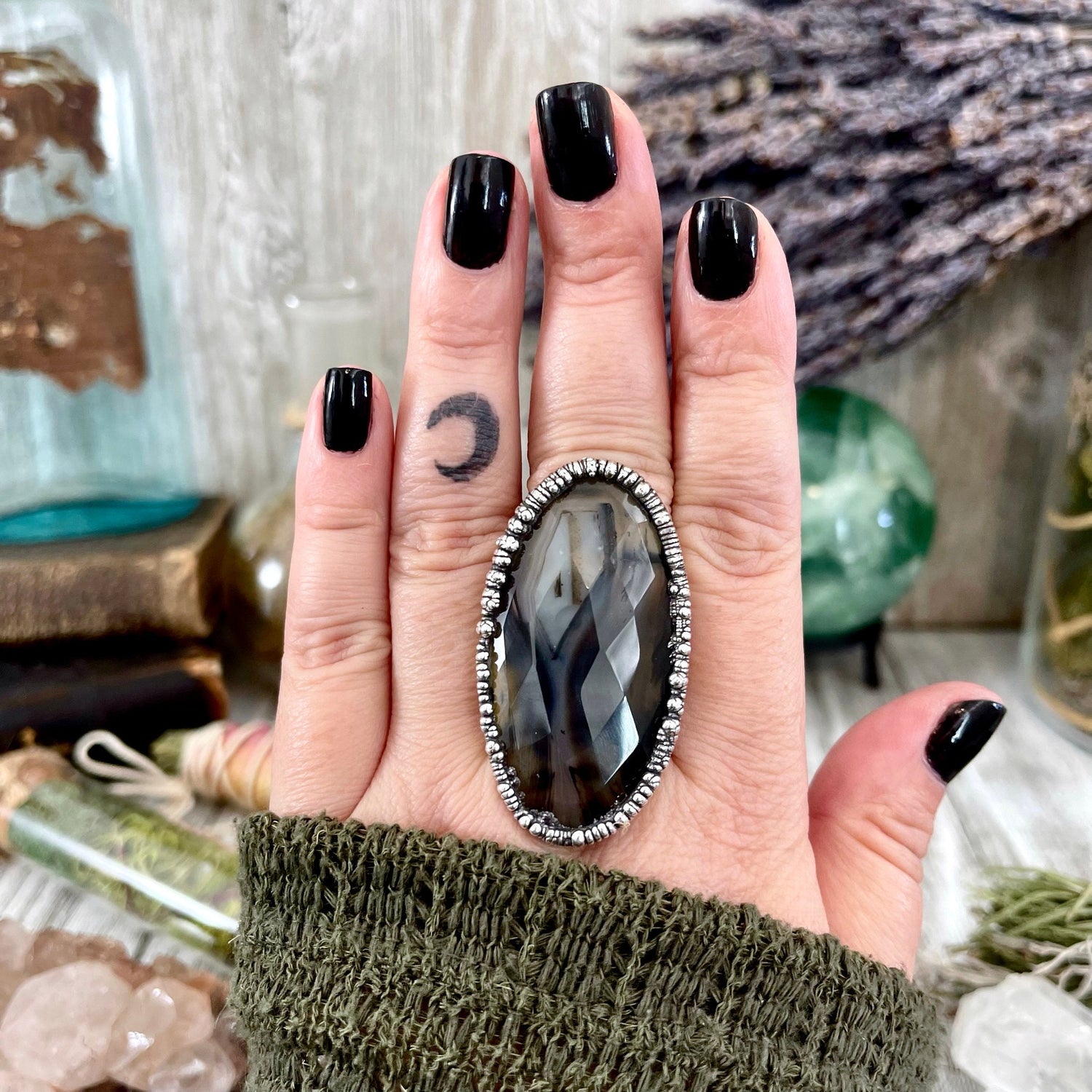 Size 8 Silver Montana Moss Agate Statement Ring / Large Crystal Bohemian Dendritic Agate Ring