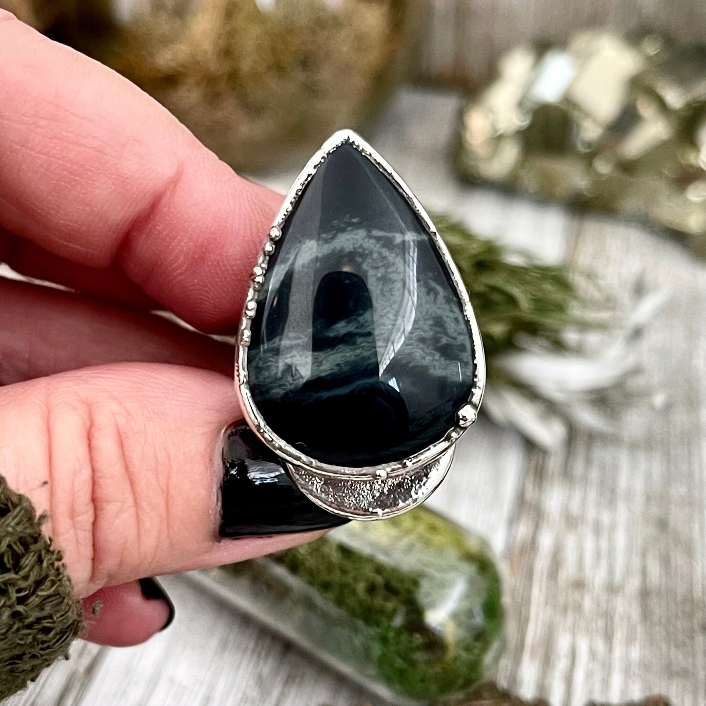 Size 8 Silver Spiderweb Obsidian Ring Large Crystal Ring / Foxlark Collection - One of a Kind / Big Crystal Ring Witchy Jewelry