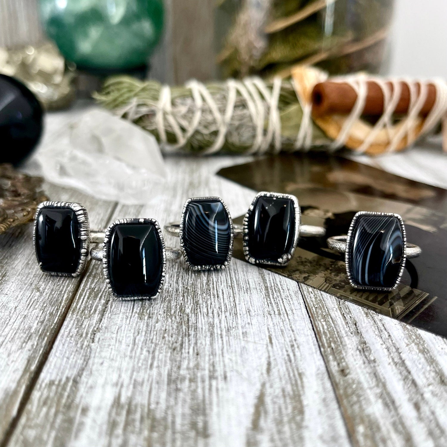 Size 7 or 9 Natural Black Stone Agate Ring in Fine Silver/ Foxlark Collection - One of a Kind / Big Crystal Ring Witchy Jewelry
