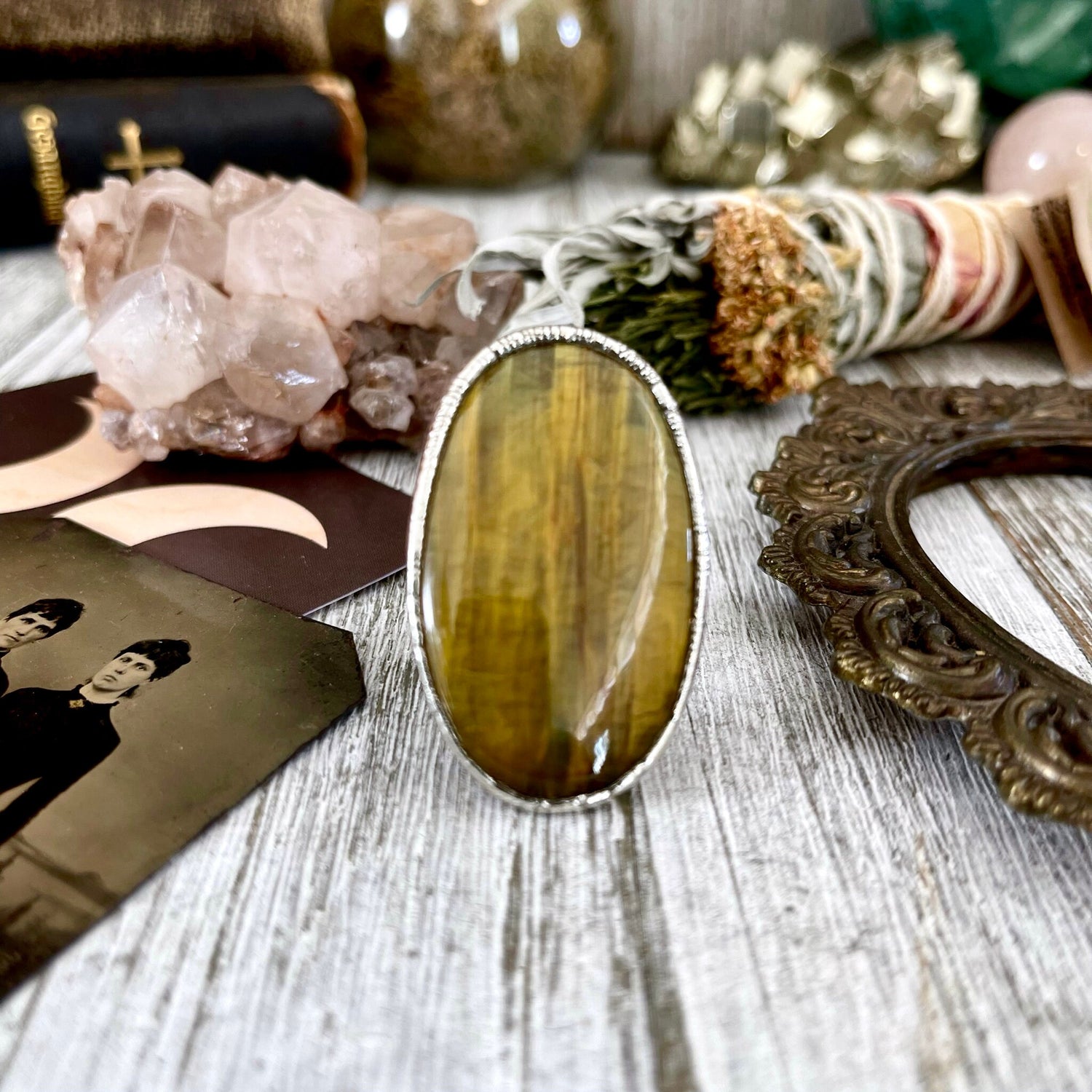 Silver Tigers Eye Ring Size 8 / Bohemian Big Stone Statement Ring / Foxlark Collection - One of a Kind // Yellow Crystal Jewelry