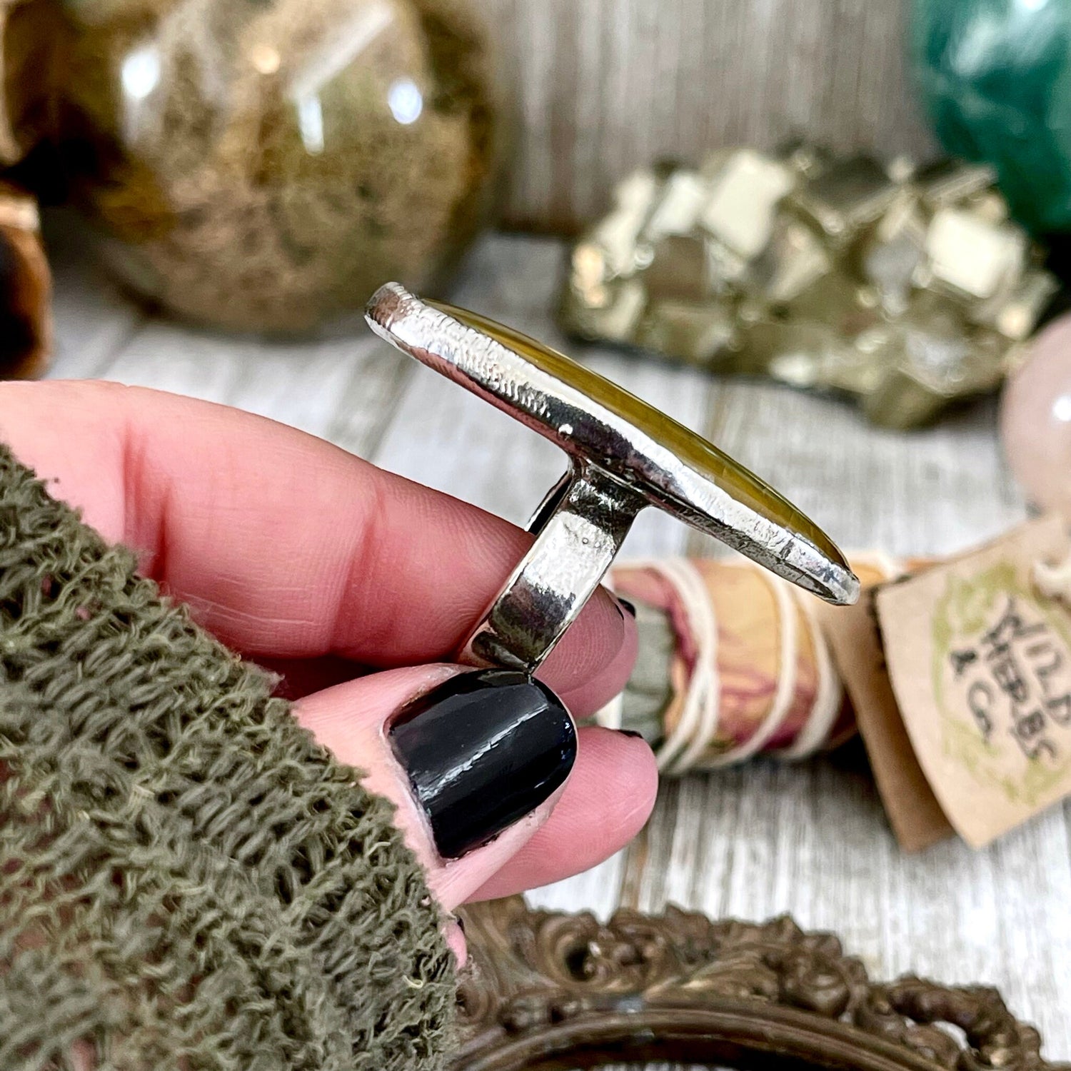 Silver Tigers Eye Ring Size 8 / Bohemian Big Stone Statement Ring / Foxlark Collection - One of a Kind // Yellow Crystal Jewelry