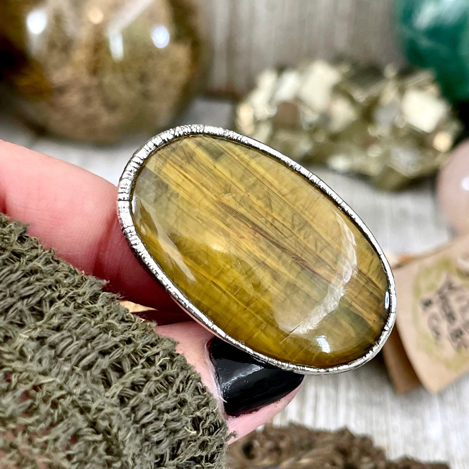 Silver Tigers Eye Ring Size 8 / Bohemian Big Stone Statement Ring / Foxlark Collection - One of a Kind // Yellow Crystal Jewelry