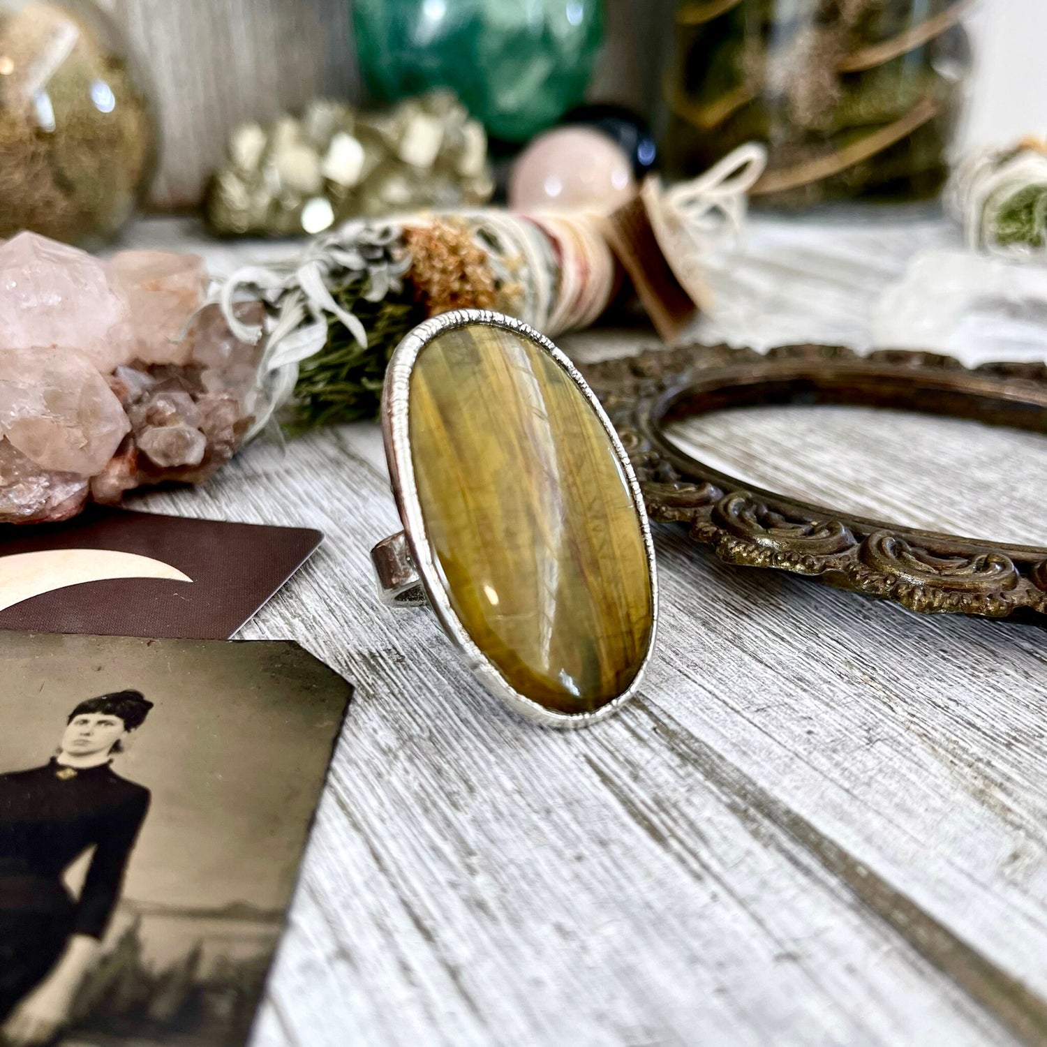 Silver Tigers Eye Ring Size 8 / Bohemian Big Stone Statement Ring / Foxlark Collection - One of a Kind // Yellow Crystal Jewelry