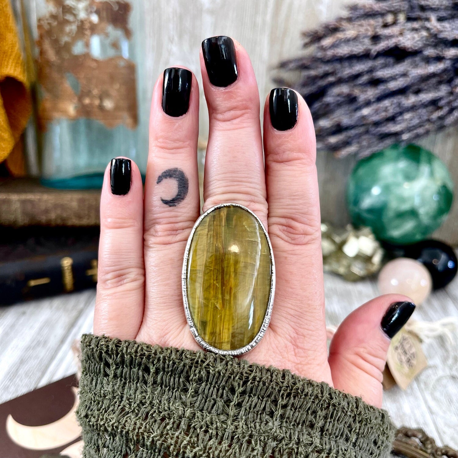 Silver Tigers Eye Ring Size 8 / Bohemian Big Stone Statement Ring / Foxlark Collection - One of a Kind // Yellow Crystal Jewelry