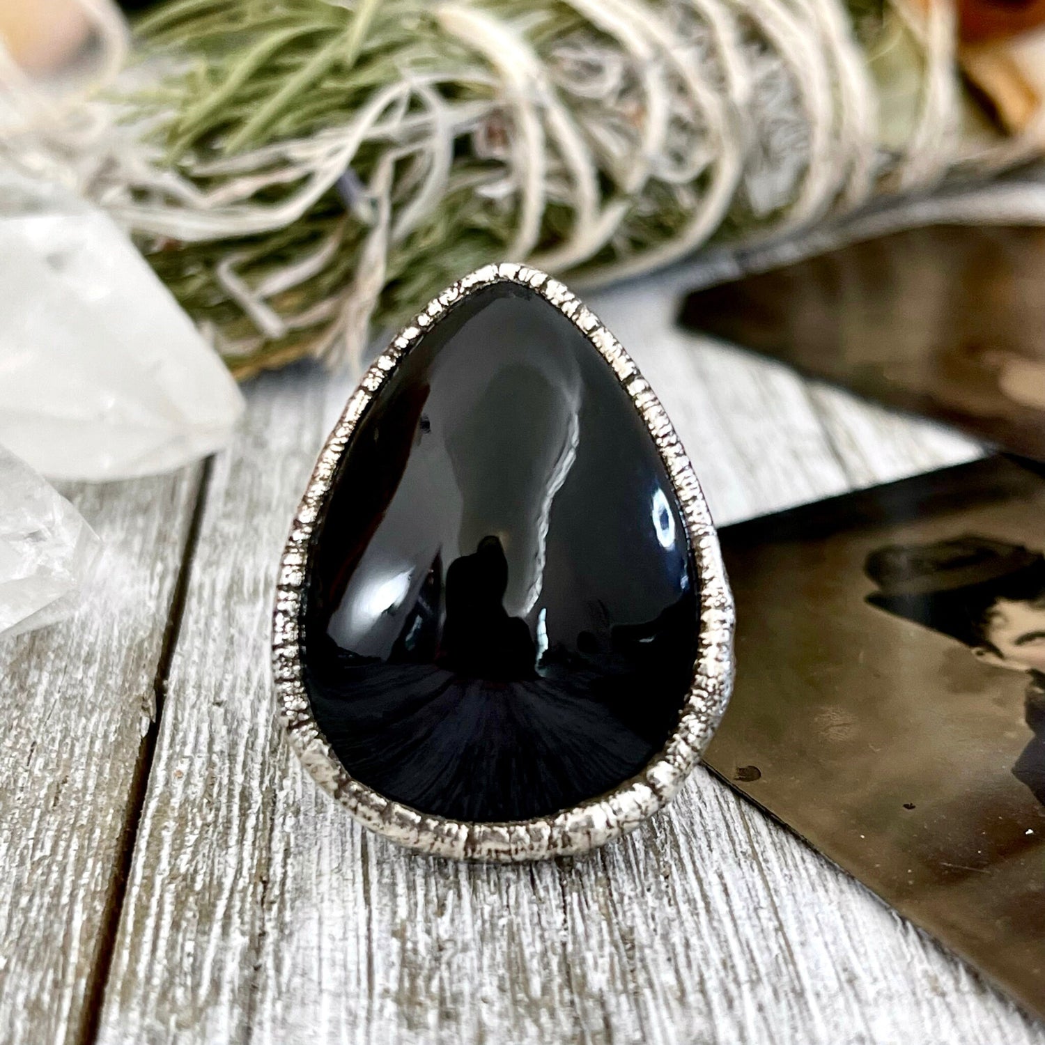 Size 6.5 Natural Black Obsidian Crystal Ring in Fine Silver / Foxlark Collection - One of a Kind // Big Stone Jewelry / Witchy Goth Punk