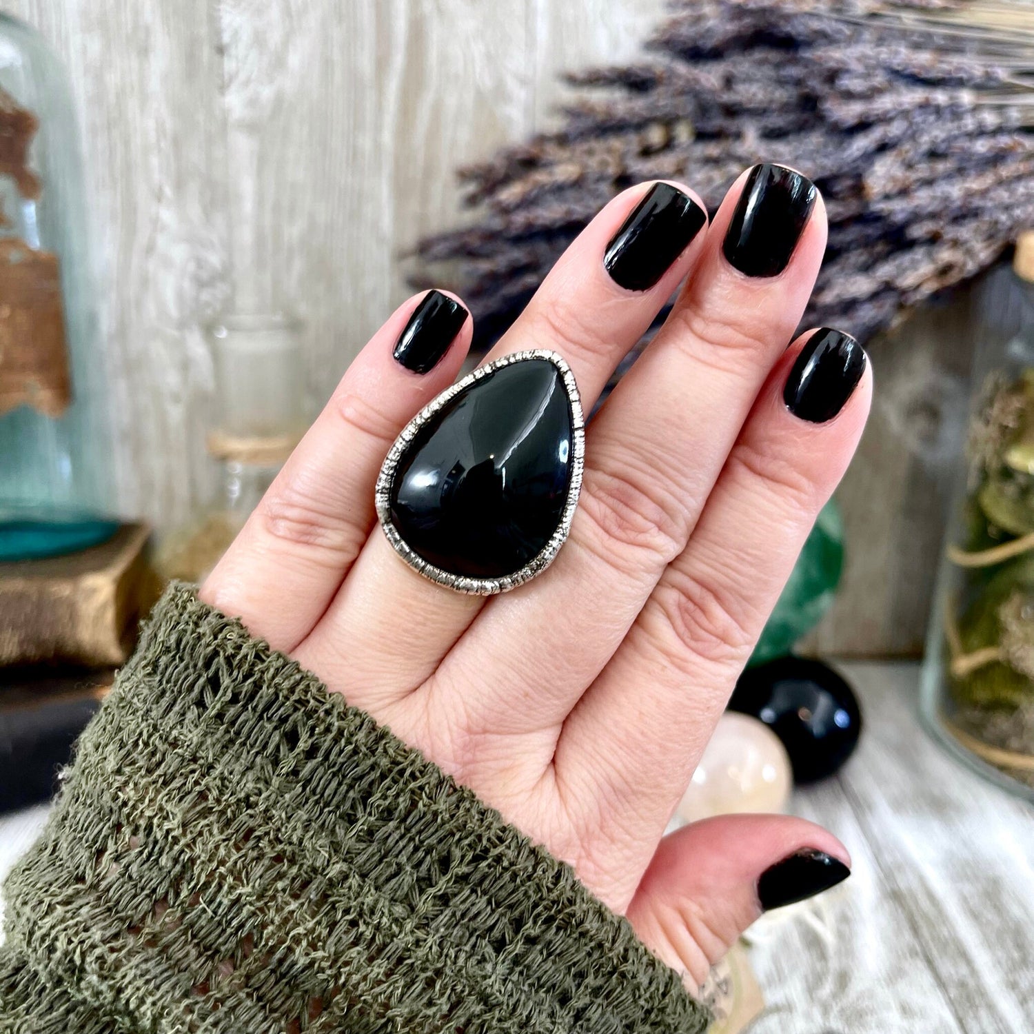 Size 6.5 Natural Black Obsidian Crystal Ring in Fine Silver / Foxlark Collection - One of a Kind // Big Stone Jewelry / Witchy Goth Punk