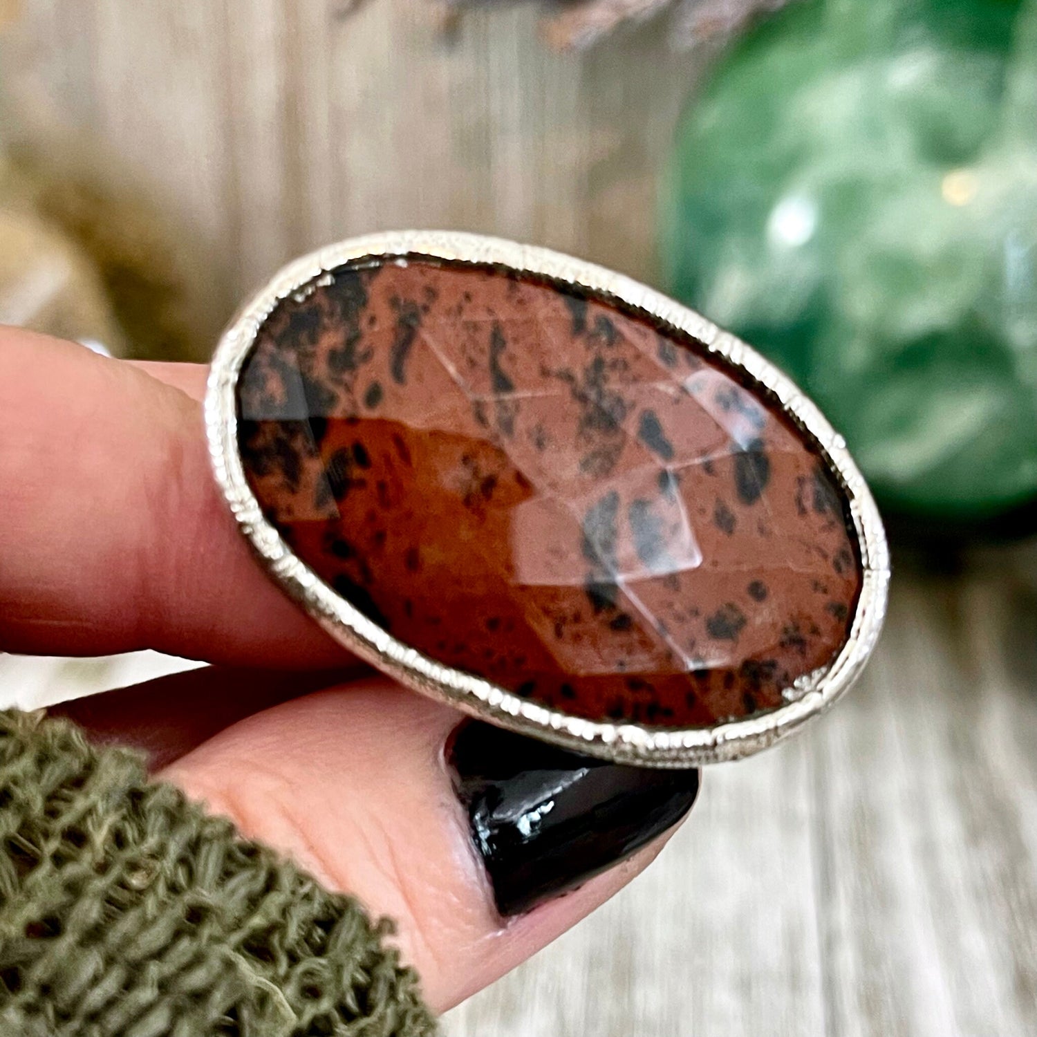 Size 5 Big Mahogany Obsidian Statement Ring in Fine Silver / Foxlark Collection - One of a Kind // Large Black Red Crystal Jewelry
