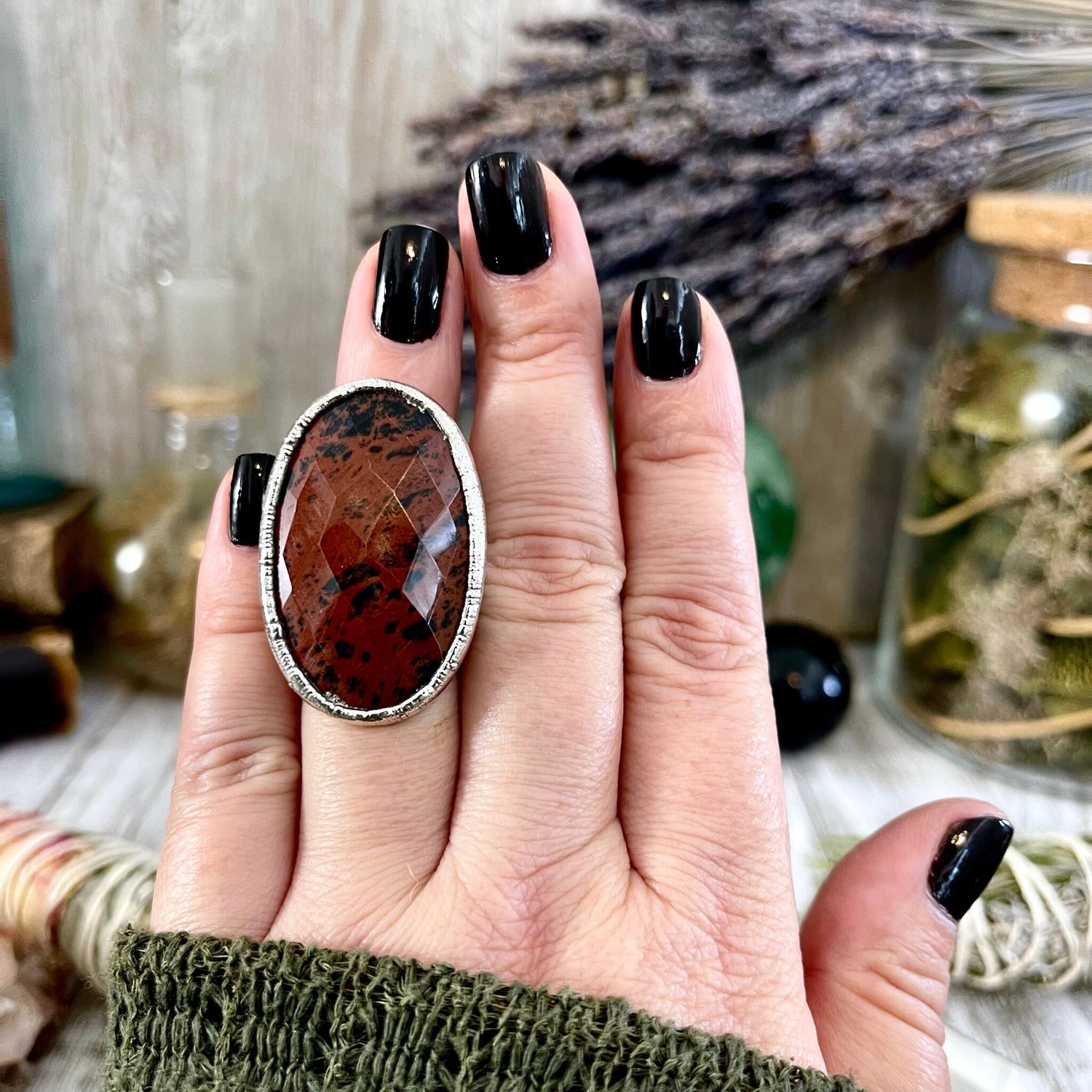 Size 5 Big Mahogany Obsidian Statement Ring in Fine Silver / Foxlark Collection - One of a Kind // Large Black Red Crystal Jewelry