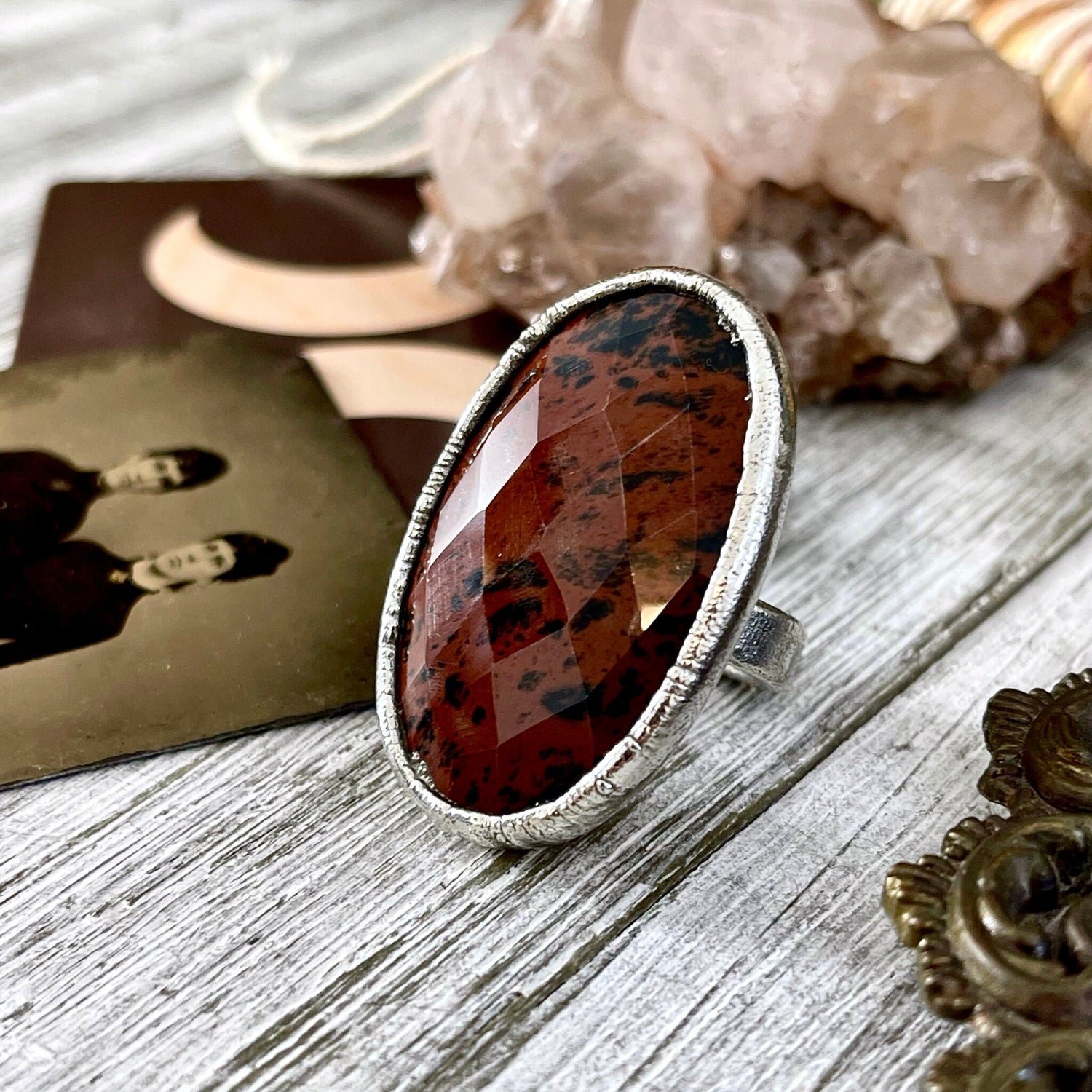 Size 5 Big Mahogany Obsidian Statement Ring in Fine Silver / Foxlark Collection - One of a Kind // Large Black Red Crystal Jewelry