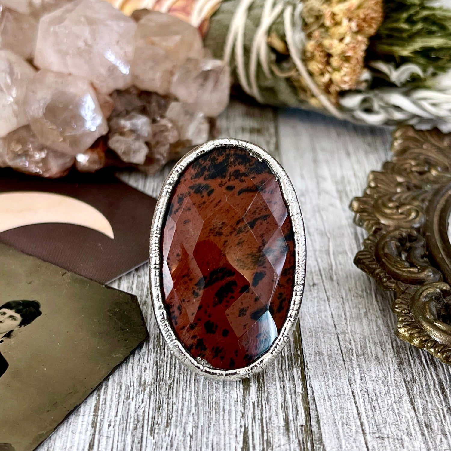 Size 5 Big Mahogany Obsidian Statement Ring in Fine Silver / Foxlark Collection - One of a Kind // Large Black Red Crystal Jewelry
