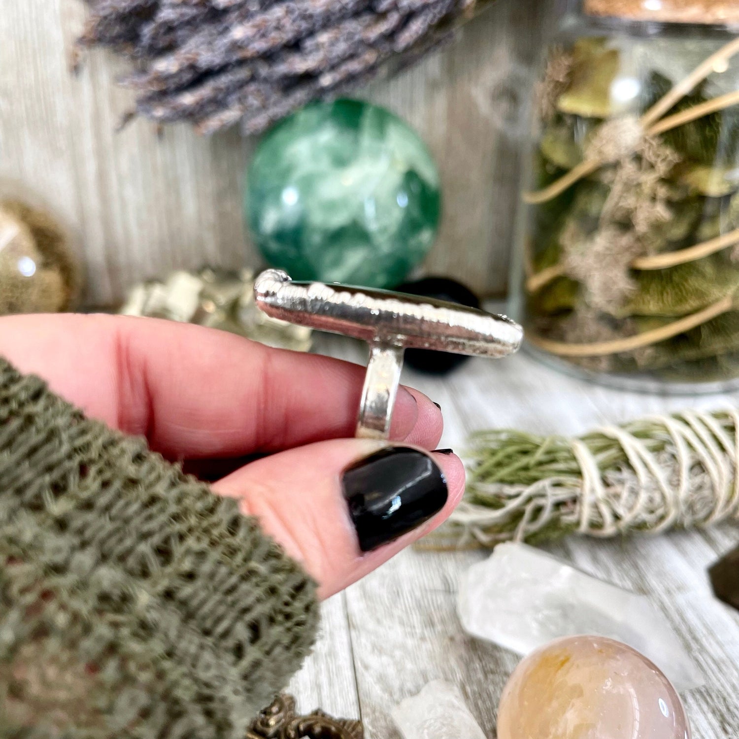 Big Size 6 Silver Natural Fancy Moss Agate Crystal Statement Ring / Foxlark Collection - One of a Kind / Big Crystal Ring Witchy Jewelry