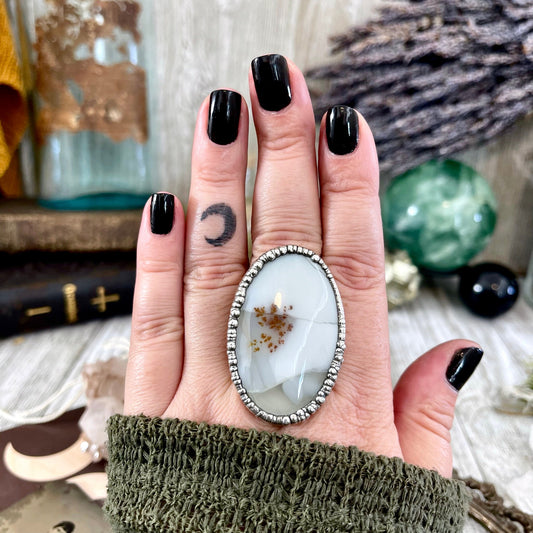 Size 10.5 Dendritic Agate Large Crystal Ring in Fine Silver for Woman / Foxlark Collection -One of a Kind / Big Crystal Ring Witchy Jewelry